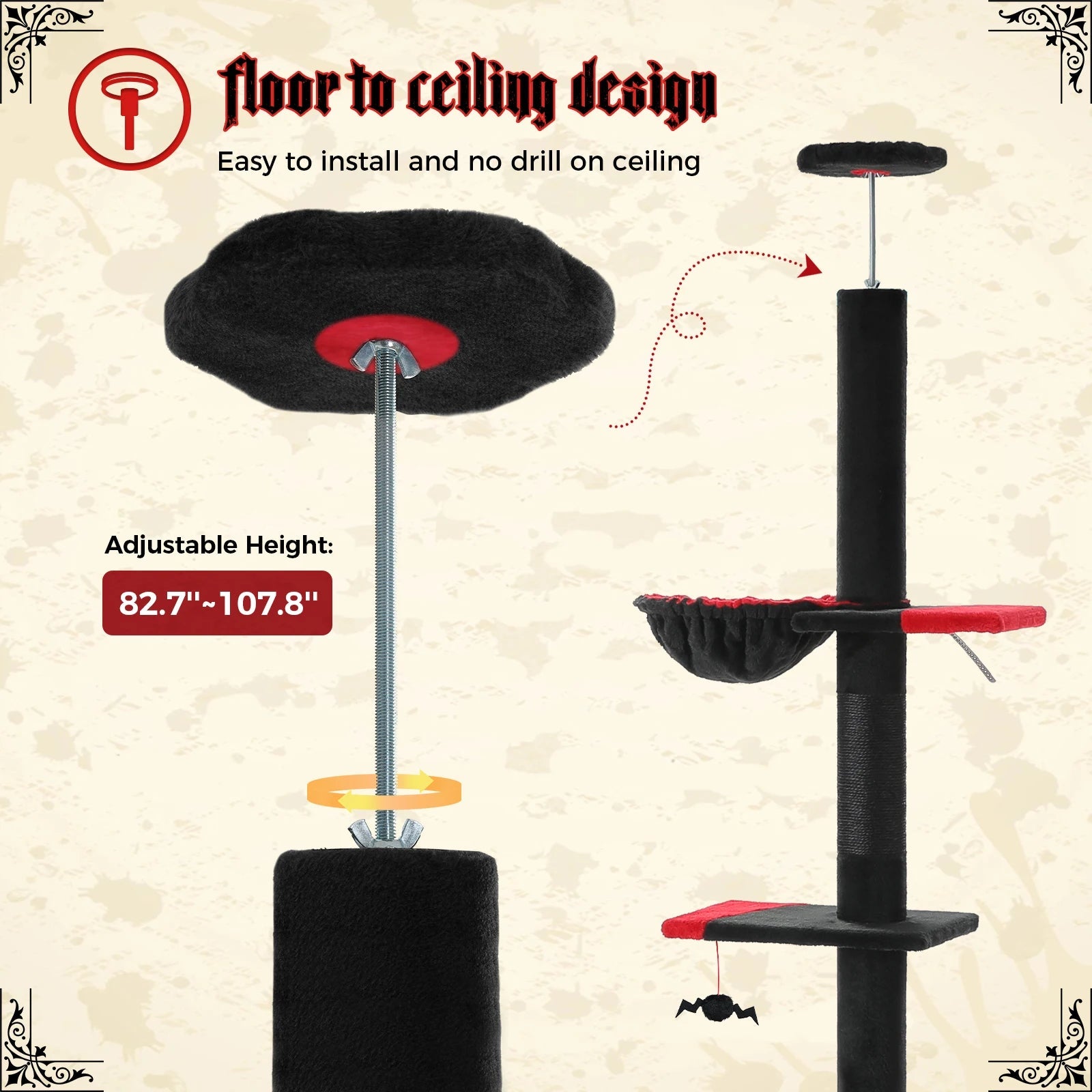 Tour d'arbre à chat moderne et réglable, 210-274cm, du sol au plafond, 5 niveaux avec perchoirs de condo, postes à gratter, échelles pour chats d'intérieur HappyTailShop
