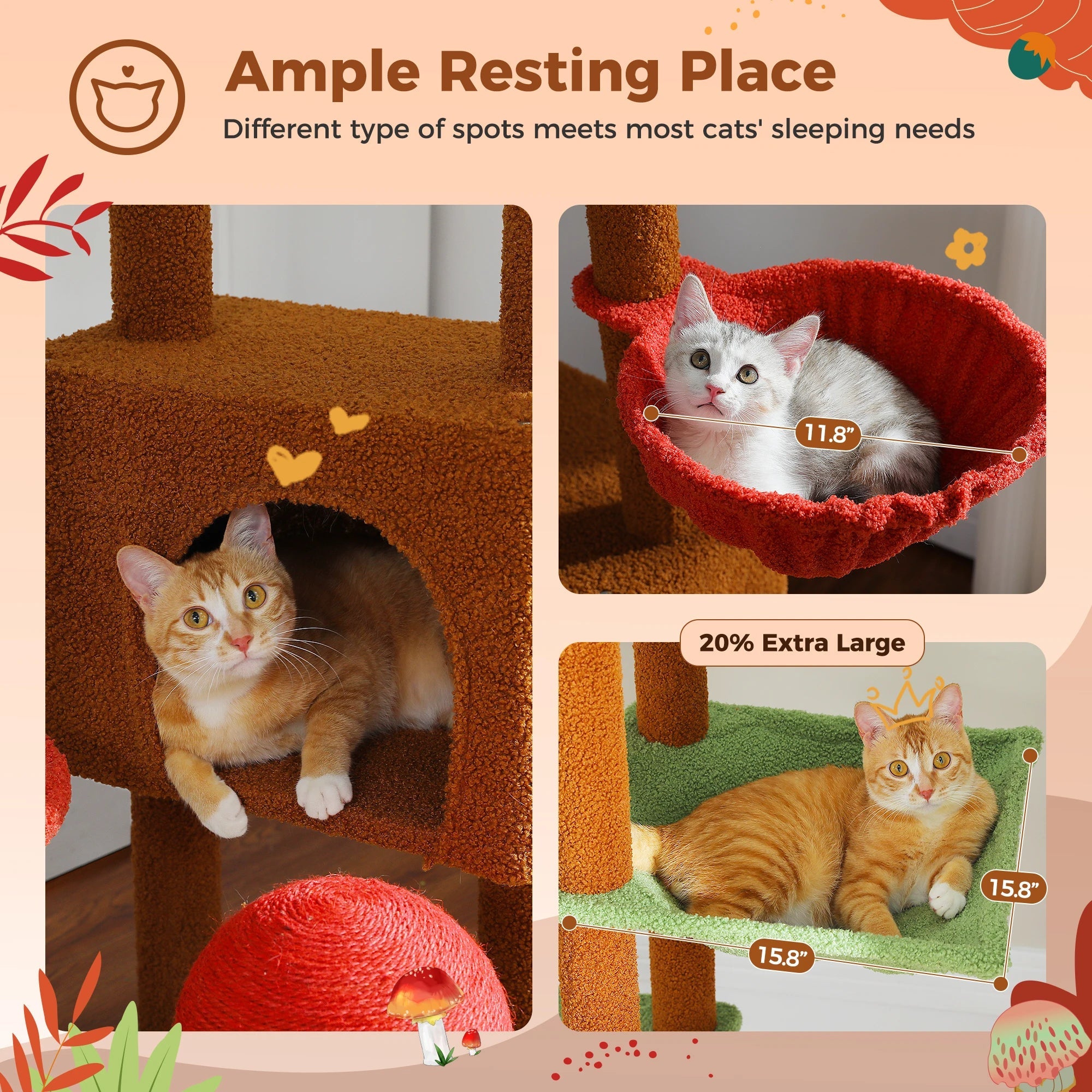 Arbre à chat réglable de 230-252cm, condoule pour chat du sol au plafond, boule suspendue, 5 postes à gratter, hamac, grand lieu de repos pour chats HappyTailShop