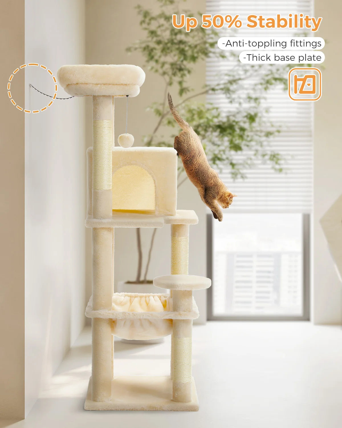 Arbre à chat pour chats d'intérieur, tour à chat à 5 niveaux pour grands chats avec grand hamac, poteaux à gratter couverts en Sisal, perche supérieure confortable pour Condo HappyTailShop