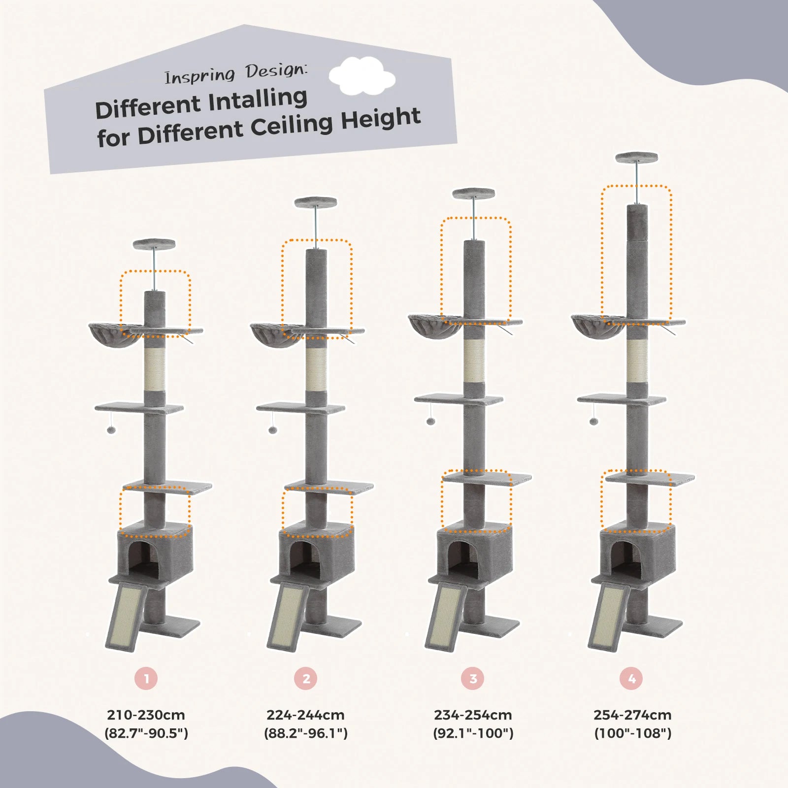 Tour d'arbre à chat moderne et réglable, 210-274cm, du sol au plafond, 5 niveaux avec perchoirs de condo, postes à gratter, échelles pour chats d'intérieur HappyTailShop