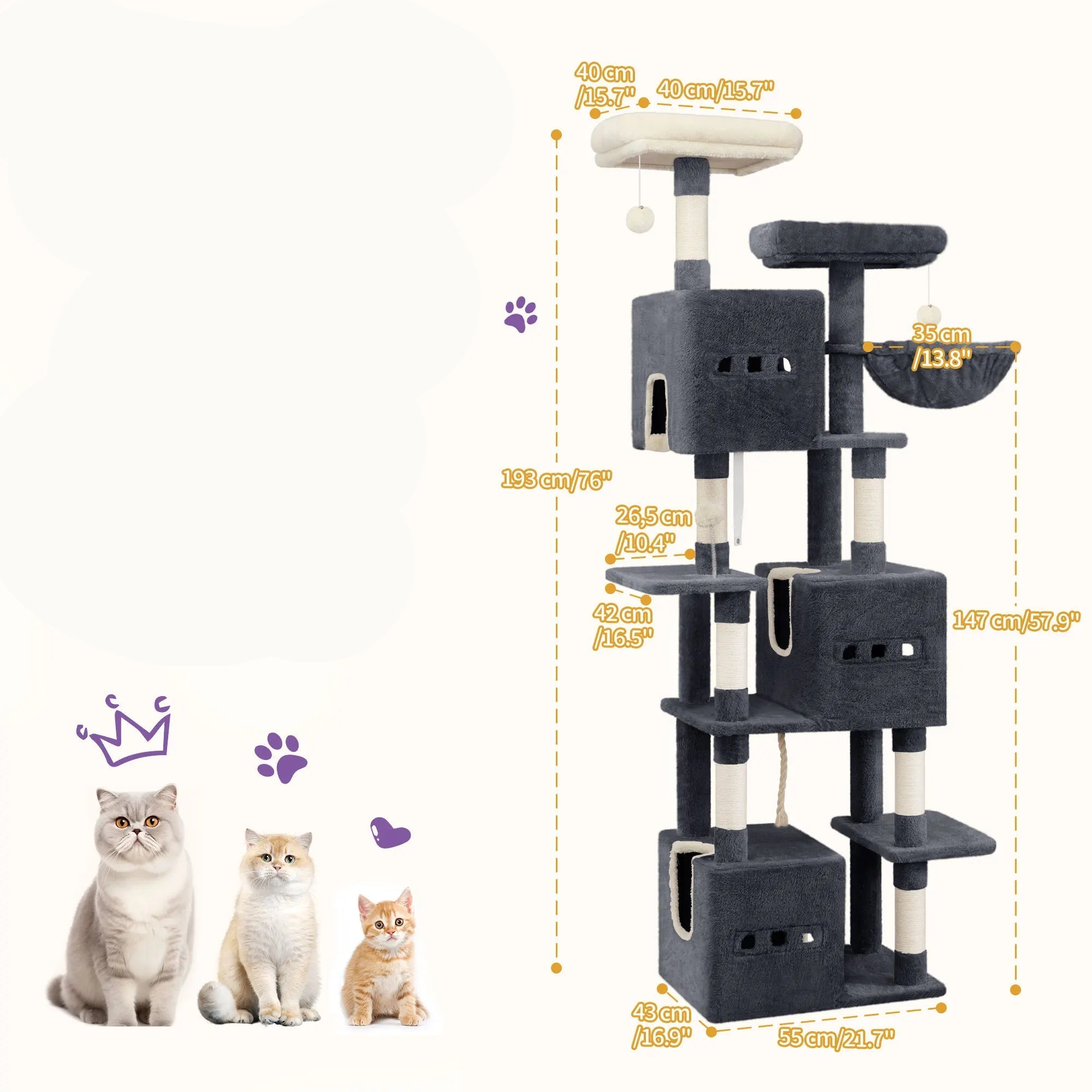 Hzuaneri Arbre à chat 193 cm, grande tour à chat pour chats d'intérieur, meubles de maison pour chats avec 2 plates-formes, 3 condonnes, 7 poteaux à gratter HappyTailShop