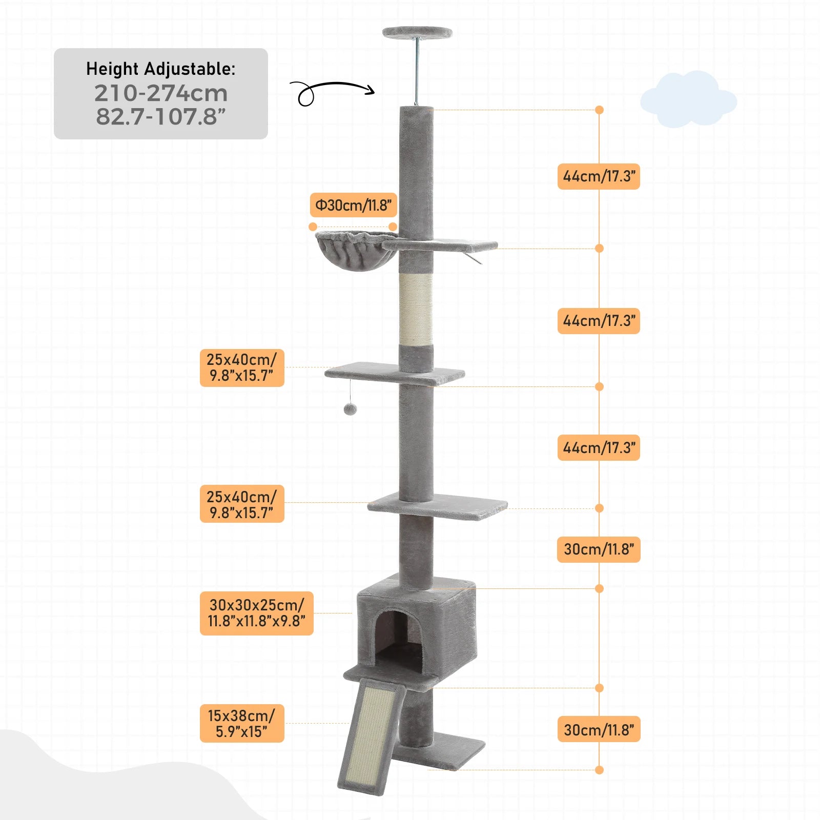 Tour d'arbre à chat moderne et réglable, 210-274cm, du sol au plafond, 5 niveaux avec perchoirs de condo, postes à gratter, échelles pour chats d'intérieur HappyTailShop