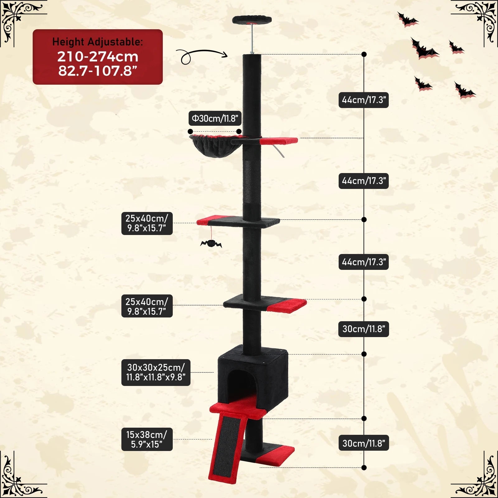 Tour d'arbre à chat moderne et réglable, 210-274cm, du sol au plafond, 5 niveaux avec perchoirs de condo, postes à gratter, échelles pour chats d'intérieur HappyTailShop
