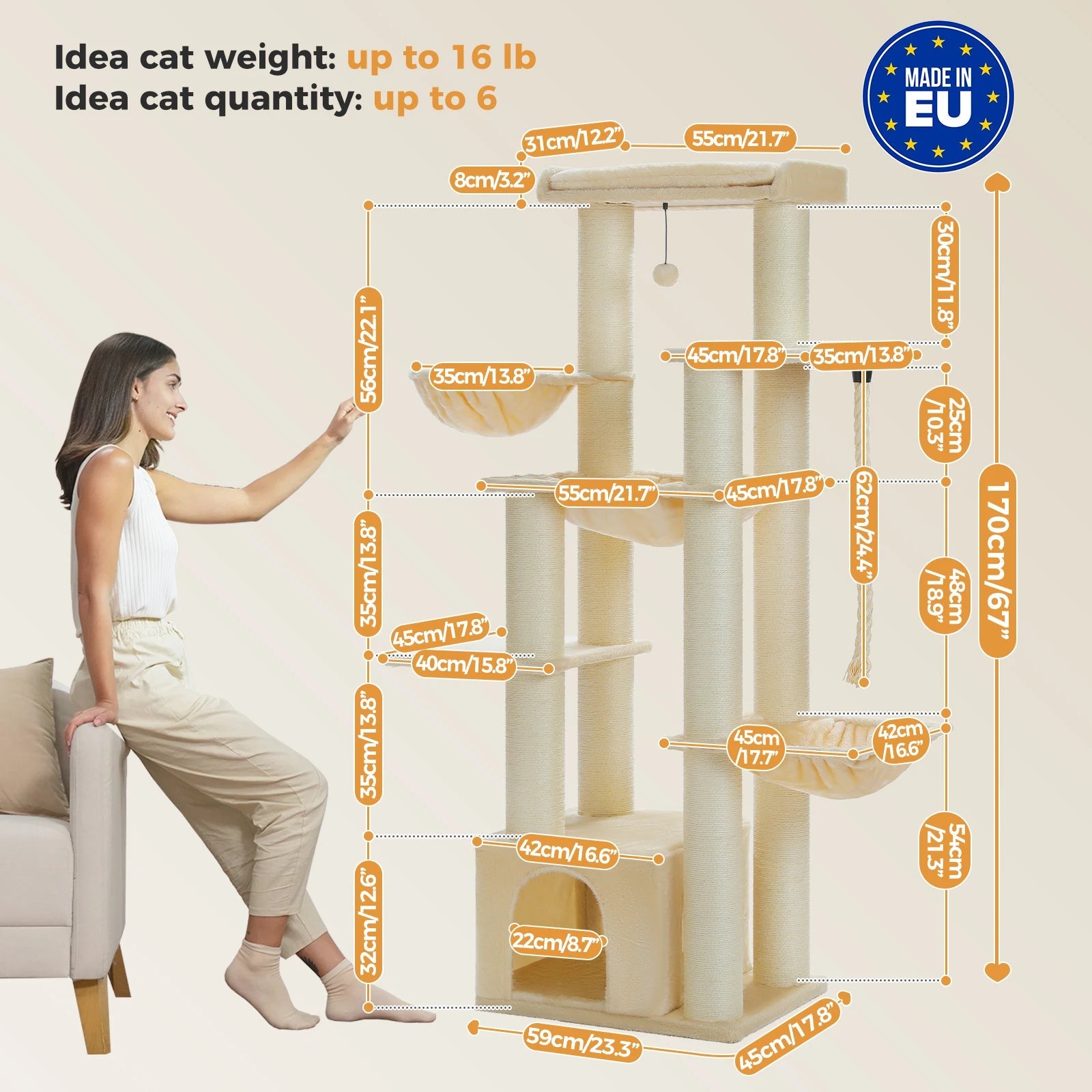 Grand arbre à chat tour pour grands chats robuste avec plusieurs niveaux maison à chat arbre d'escalade avec hamac 11 poteaux en Sisal grand perche HappyTailShop