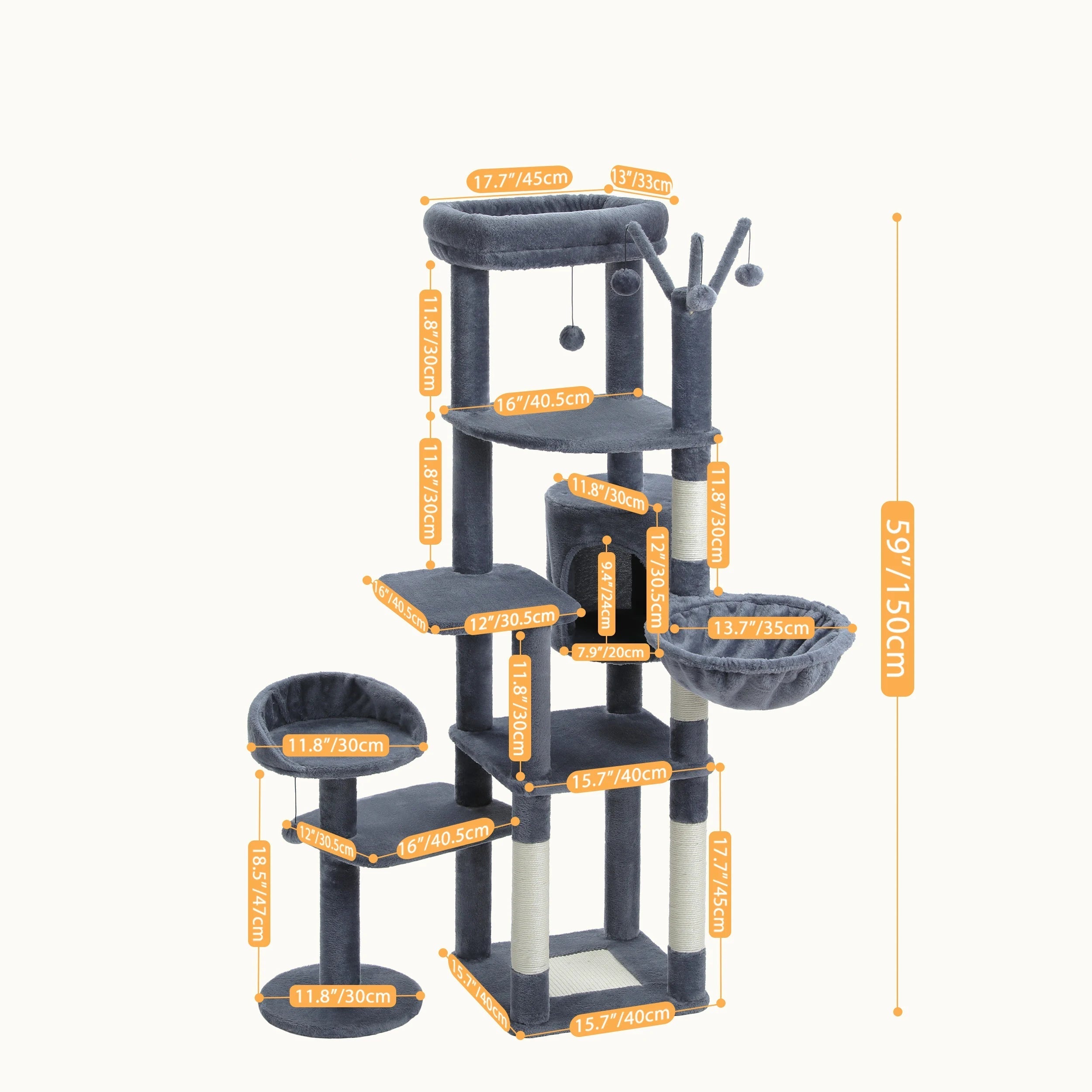 Arbre à chat à plusieurs niveaux avec poteau à griffer, hamac, grands perchoirs, balles suspendues, grande tour pour chat d'intérieur, spacieux condo pour chat HappyTailShop