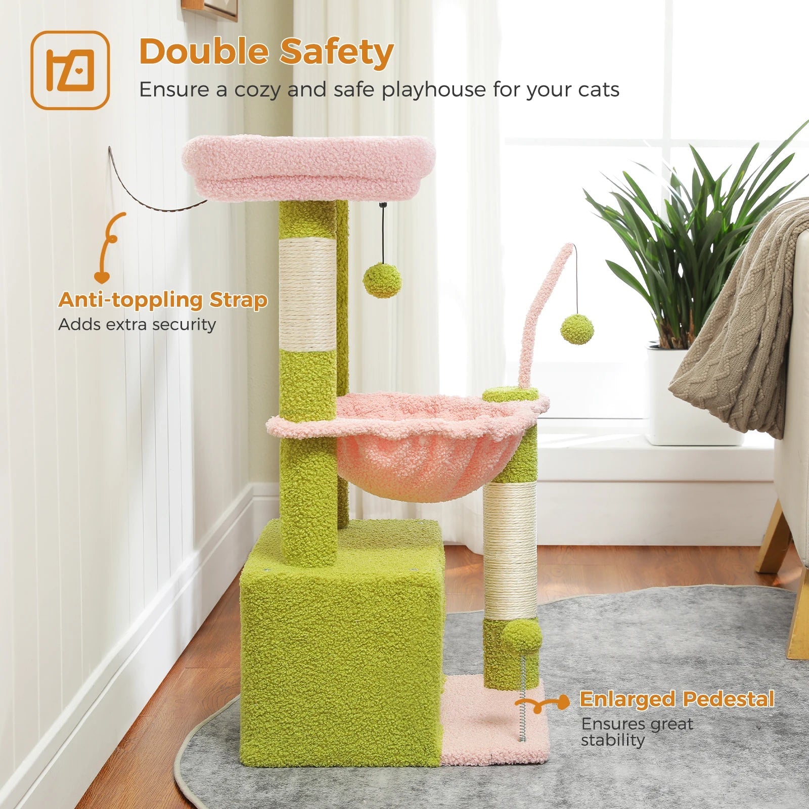 Tour de petit arbre à chat avec grand condo, arbre à chat quantique pour intérieur, griffoir, hamac profond, perchoir confortable, jouets pour chat, 4 en 1 HappyTailShop