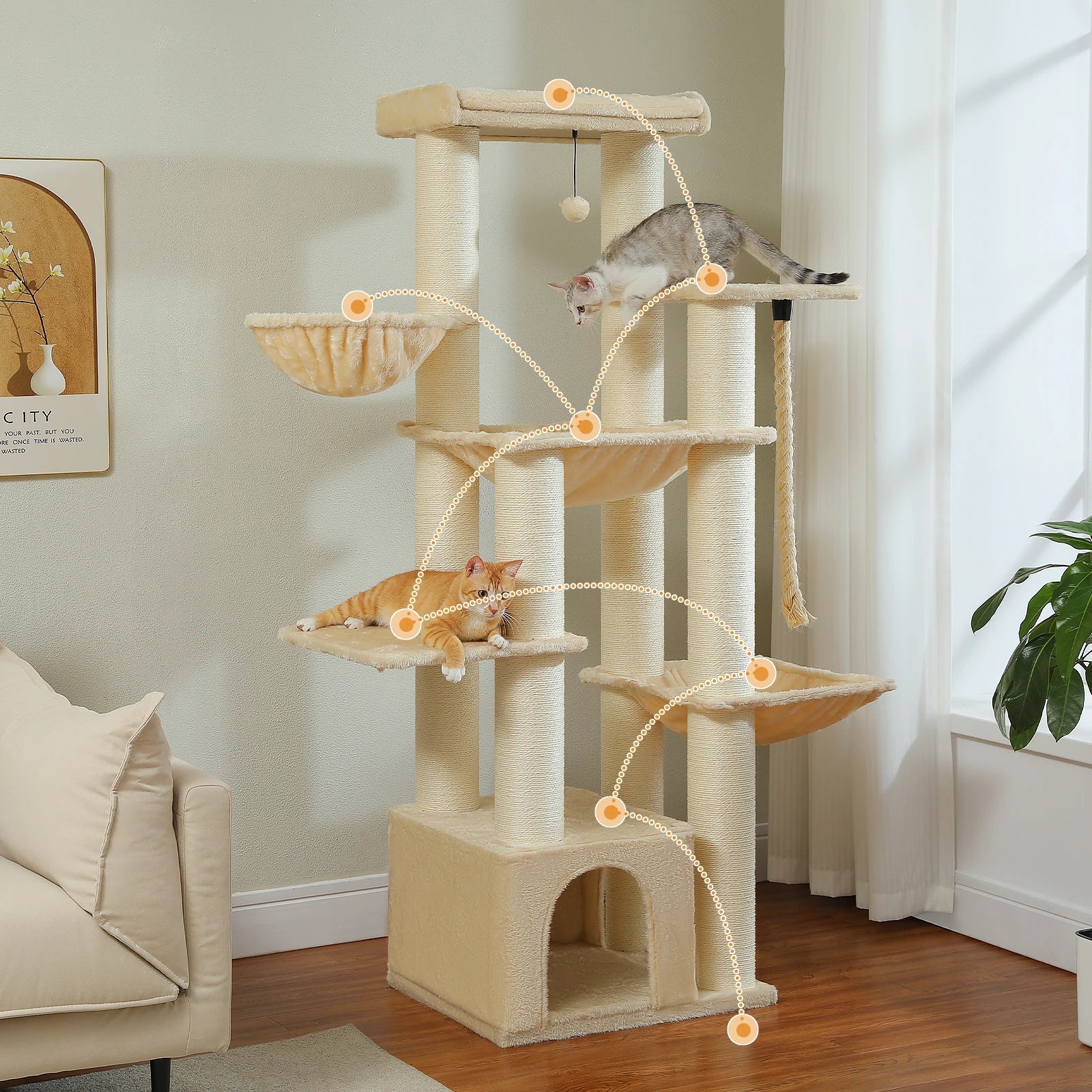 Grand arbre à chat tour pour grands chats robuste avec plusieurs niveaux maison à chat arbre d'escalade avec hamac 11 poteaux en Sisal grand perche HappyTailShop