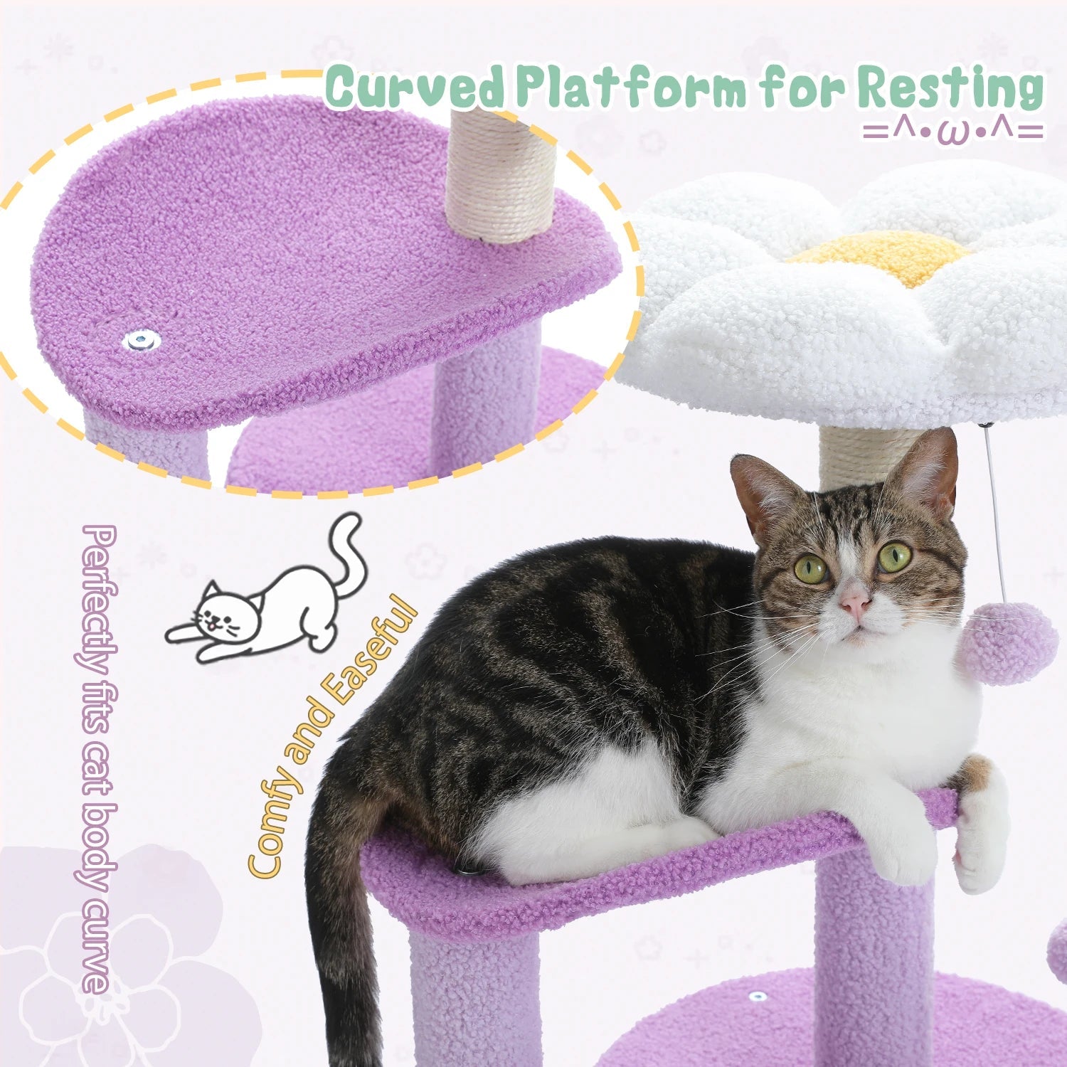 Arbre à chat en forme de fleur pour les chats d'intérieur, petite tour pour chat avec poteau à griffer en sisal, condo doux, perchoirs en peluche, balles moelleuses, jouets pour chat HappyTailShop