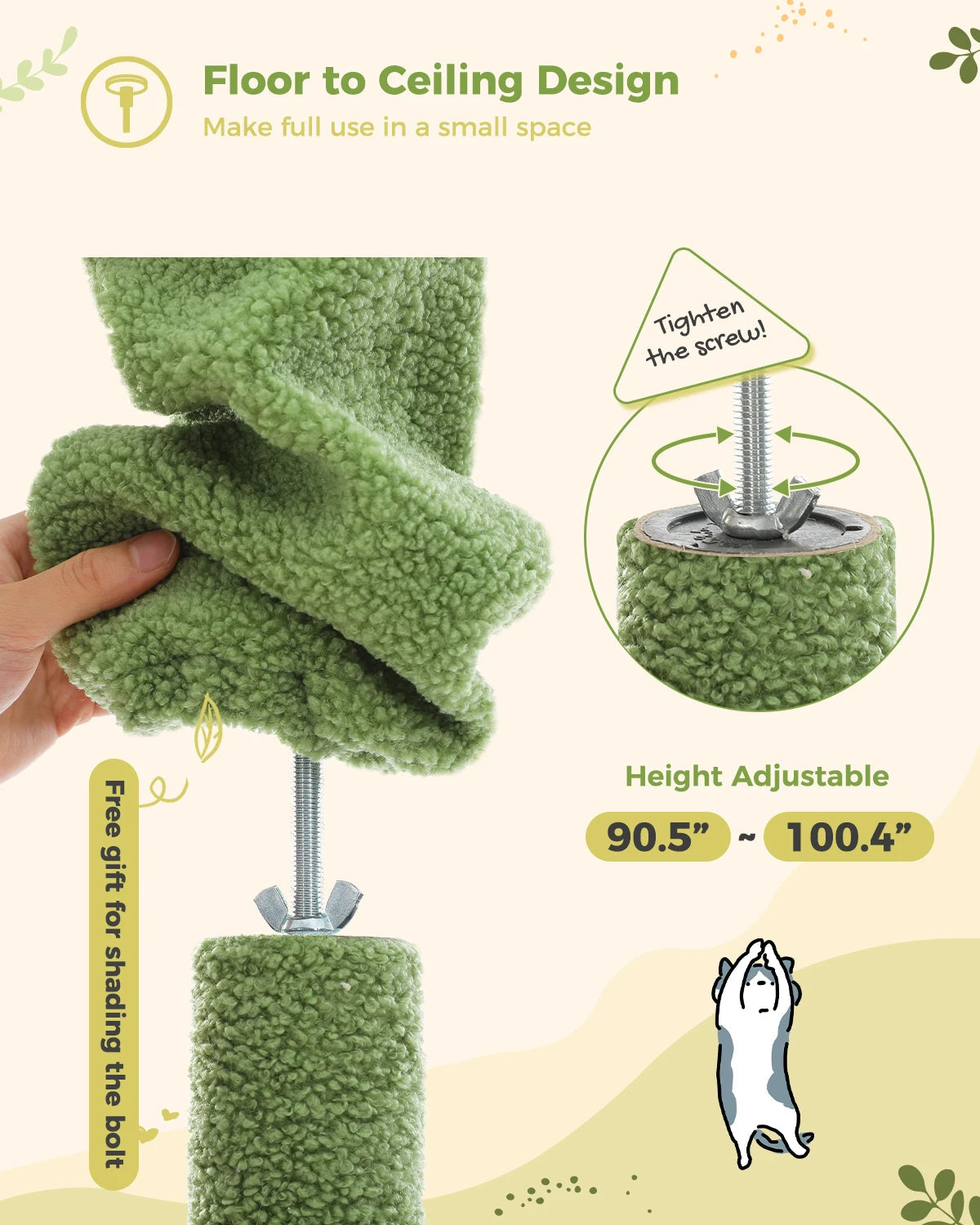 Arbre à chat Cactus du sol au plafond, tour à chat réglable en hauteur avec Hamac confortable pour condote de chat et arbre à gratter, grand arbre d'activité HappyTailShop