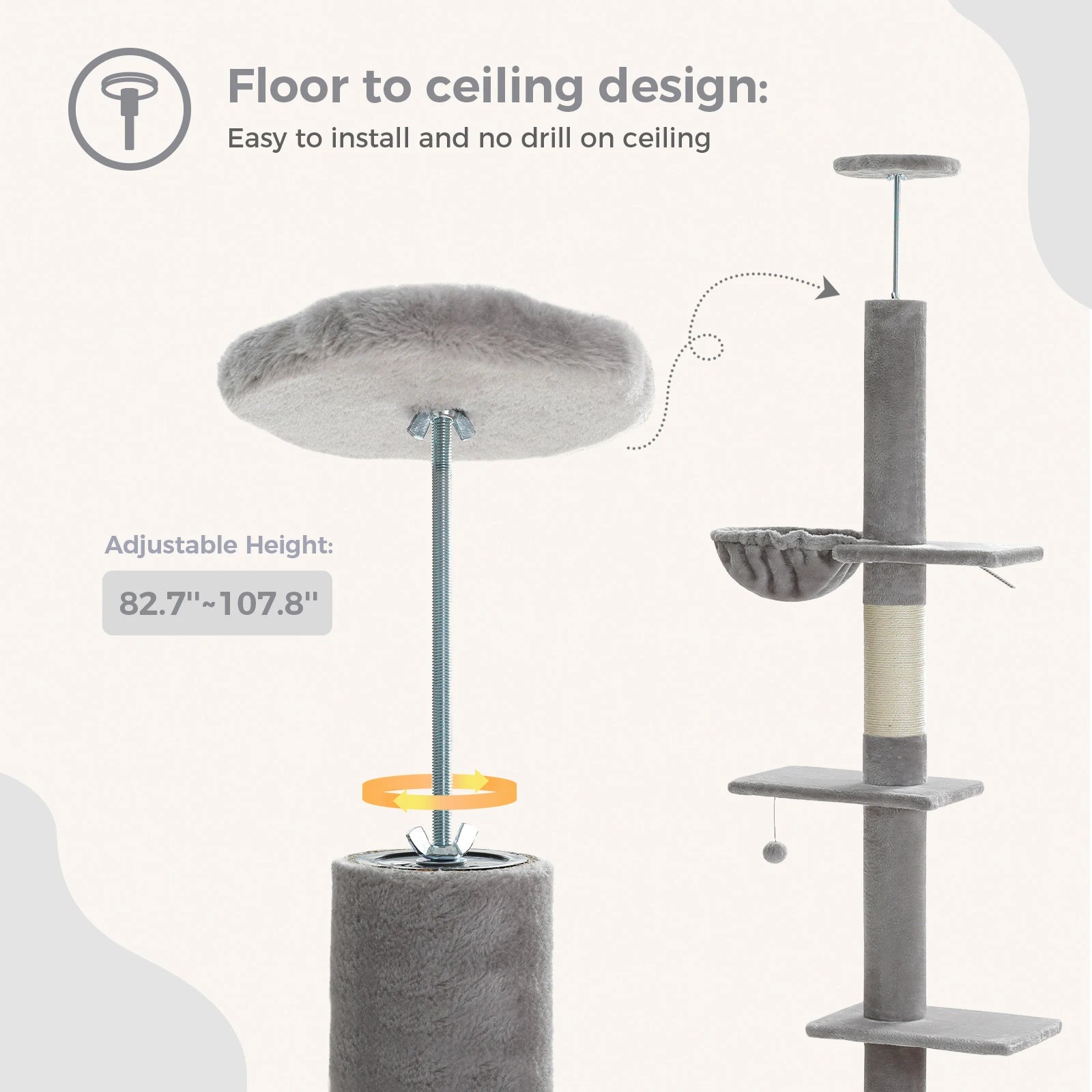 Tour d'arbre à chat moderne et réglable, 210-274cm, du sol au plafond, 5 niveaux avec perchoirs de condo, postes à gratter, échelles pour chats d'intérieur HappyTailShop