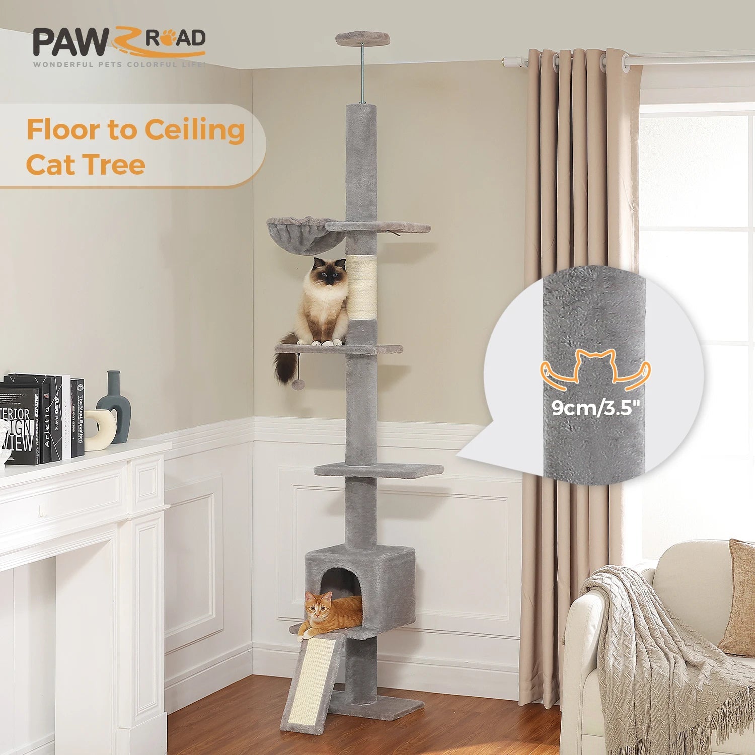 Tour d'arbre à chat moderne et réglable, 210-274cm, du sol au plafond, 5 niveaux avec perchoirs de condo, postes à gratter, échelles pour chats d'intérieur HappyTailShop