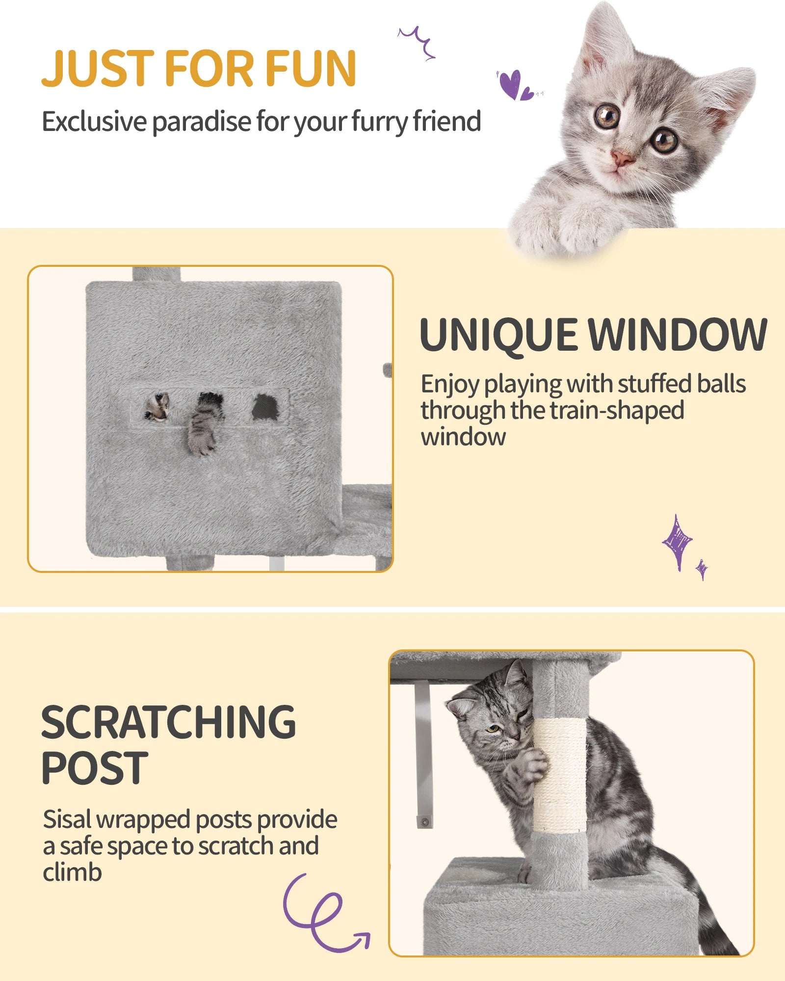 Hzuaneri Arbre à chat 193 cm, grande tour à chat pour chats d'intérieur, meubles de maison pour chats avec 2 plates-formes, 3 condonnes, 7 poteaux à gratter HappyTailShop