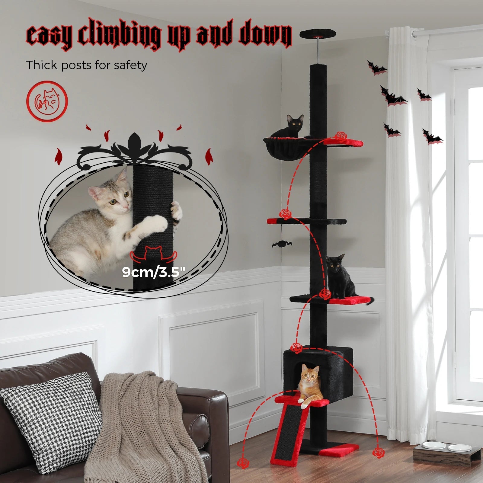 Tour d'arbre à chat moderne et réglable, 210-274cm, du sol au plafond, 5 niveaux avec perchoirs de condo, postes à gratter, échelles pour chats d'intérieur HappyTailShop