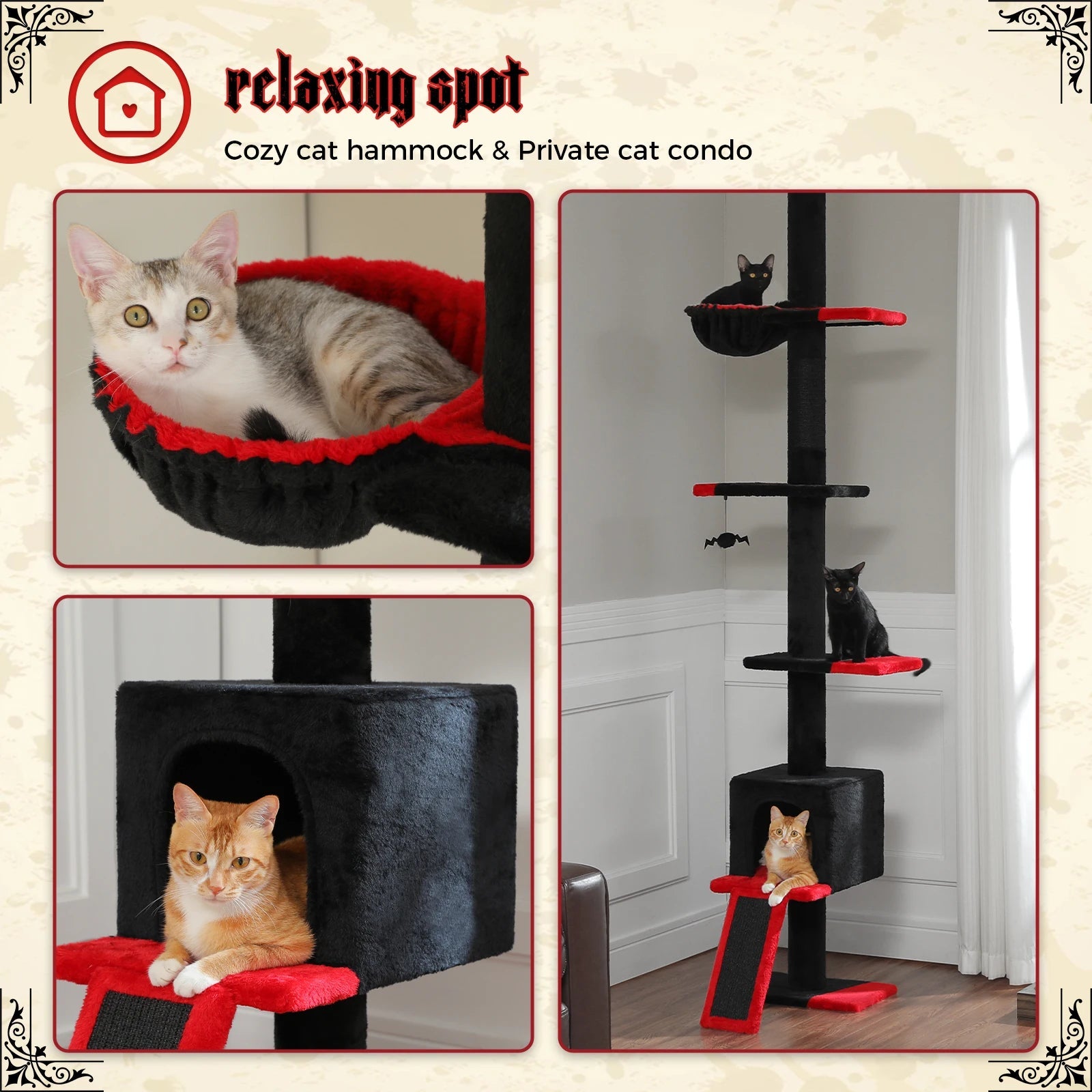 Tour d'arbre à chat moderne et réglable, 210-274cm, du sol au plafond, 5 niveaux avec perchoirs de condo, postes à gratter, échelles pour chats d'intérieur HappyTailShop
