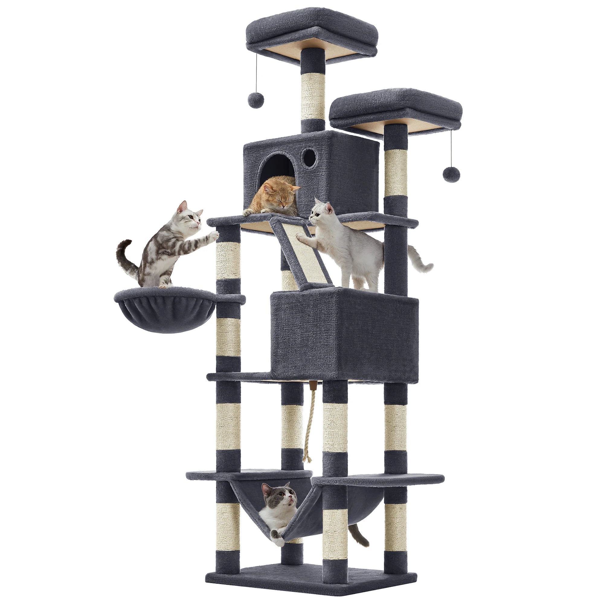Feandrea Arbre à Chat, Hauteur 206 cm, avec 13 Griffoirs, 2 Plate-Forme, 2 Niches, Panier, Hamac, Pompon, Tissu Peluche, Multi-Niveaux pour Chat d'Intérieur HappyTailShop