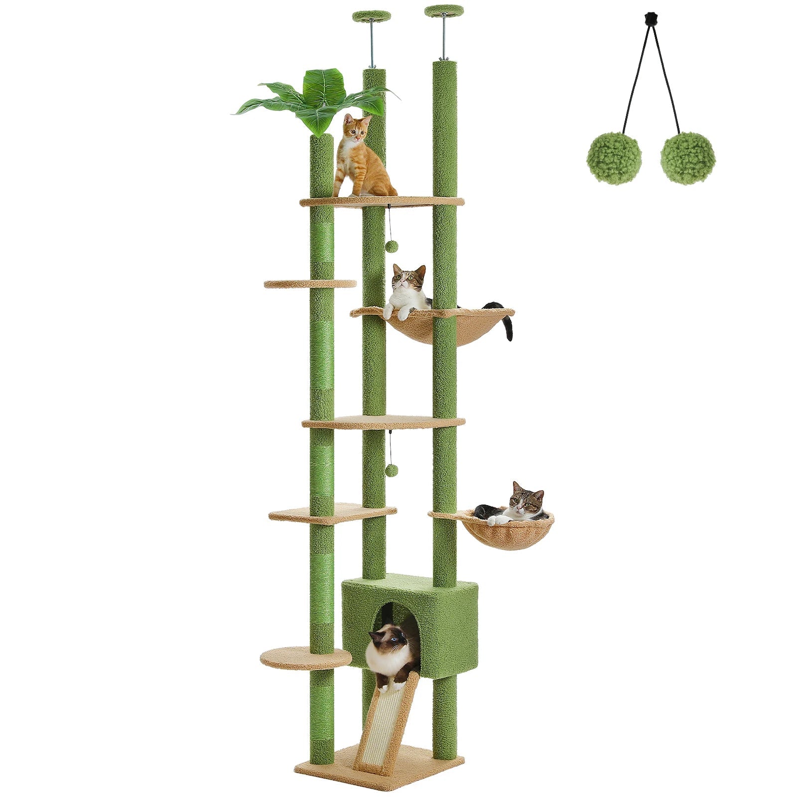 Arbre à chat Cactus du sol au plafond, tour à chat réglable en hauteur avec Hamac confortable pour condote de chat et arbre à gratter, grand arbre d'activité HappyTailShop