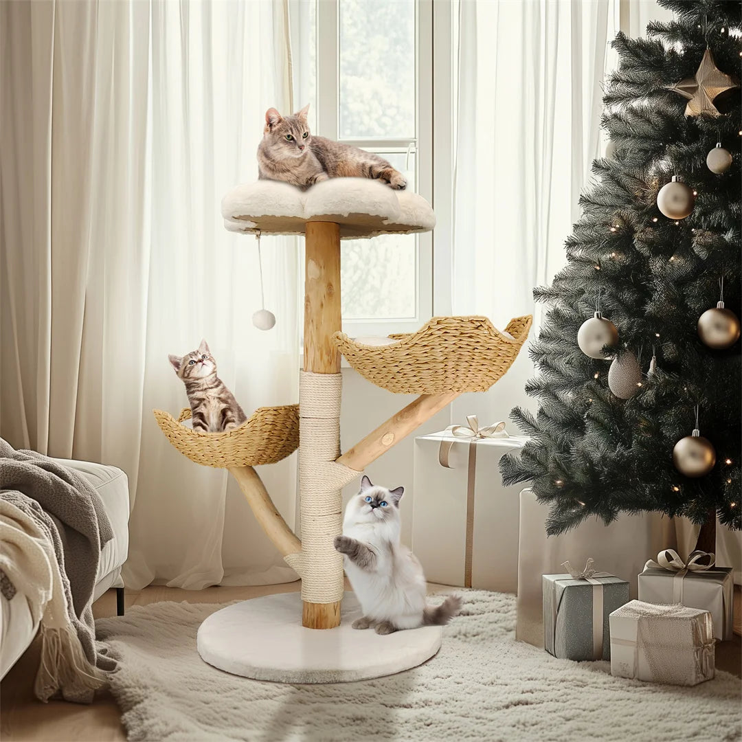 Meuble moderne en bois massif pour chat, arbre d'escalade, centre d'activités avec griffoir pour chaton, 110cm HappyTailShop
