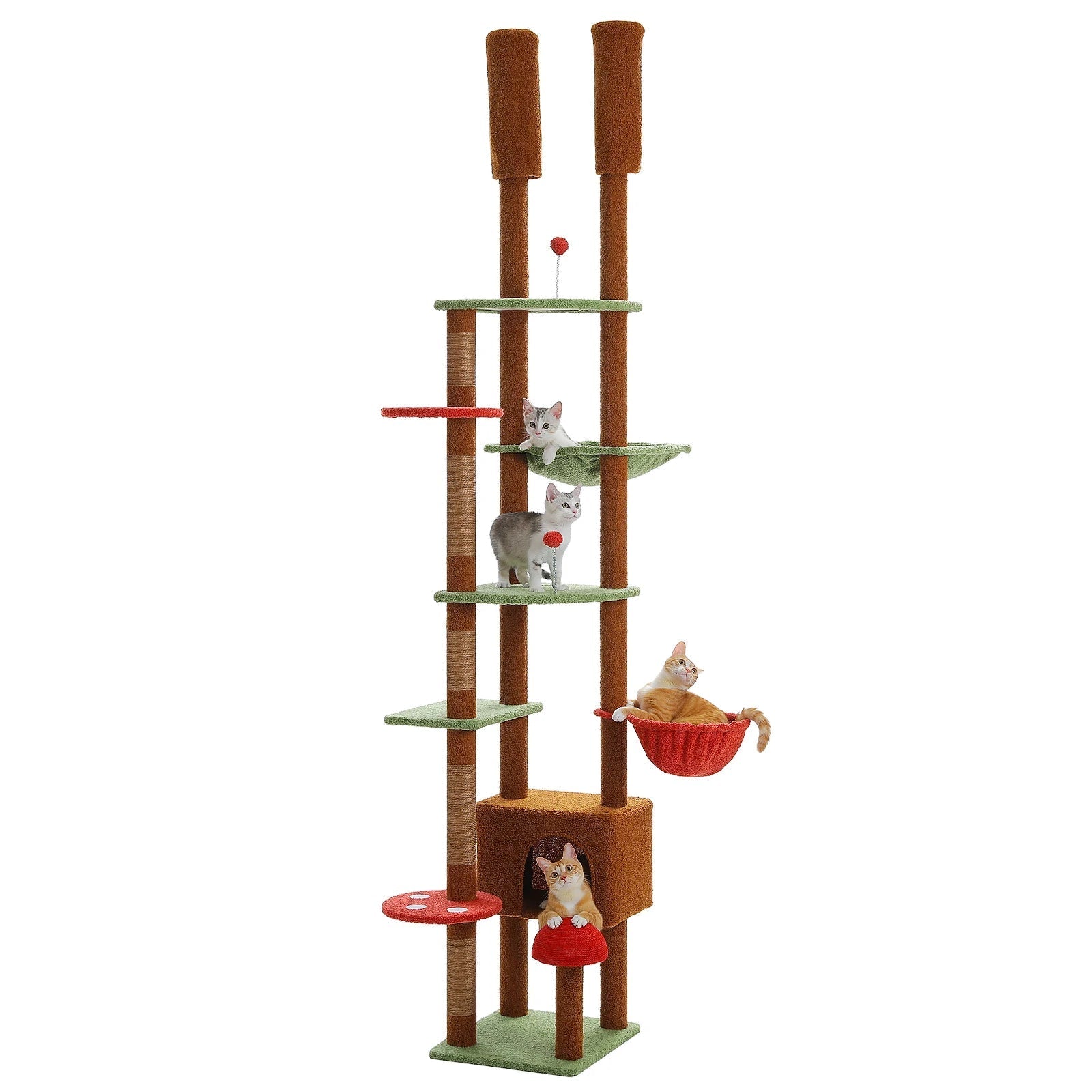 Arbre à chat réglable de 230-252cm, condoule pour chat du sol au plafond, boule suspendue, 5 postes à gratter, hamac, grand lieu de repos pour chats HappyTailShop
