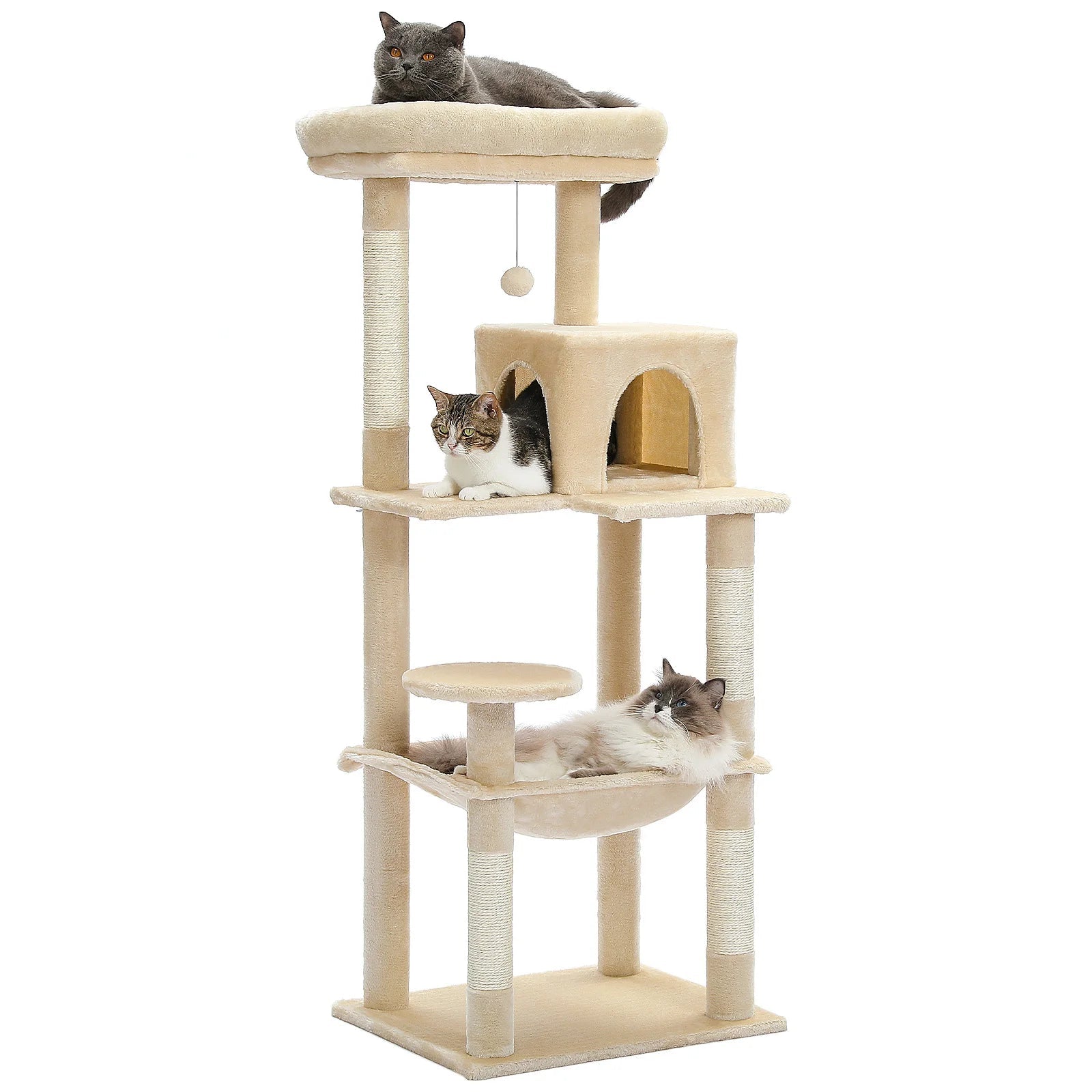 Arbre à chat pour chats d'intérieur, tour à chat à 5 niveaux pour grands chats avec grand hamac, poteaux à gratter couverts en Sisal, perche supérieure confortable pour Condo HappyTailShop