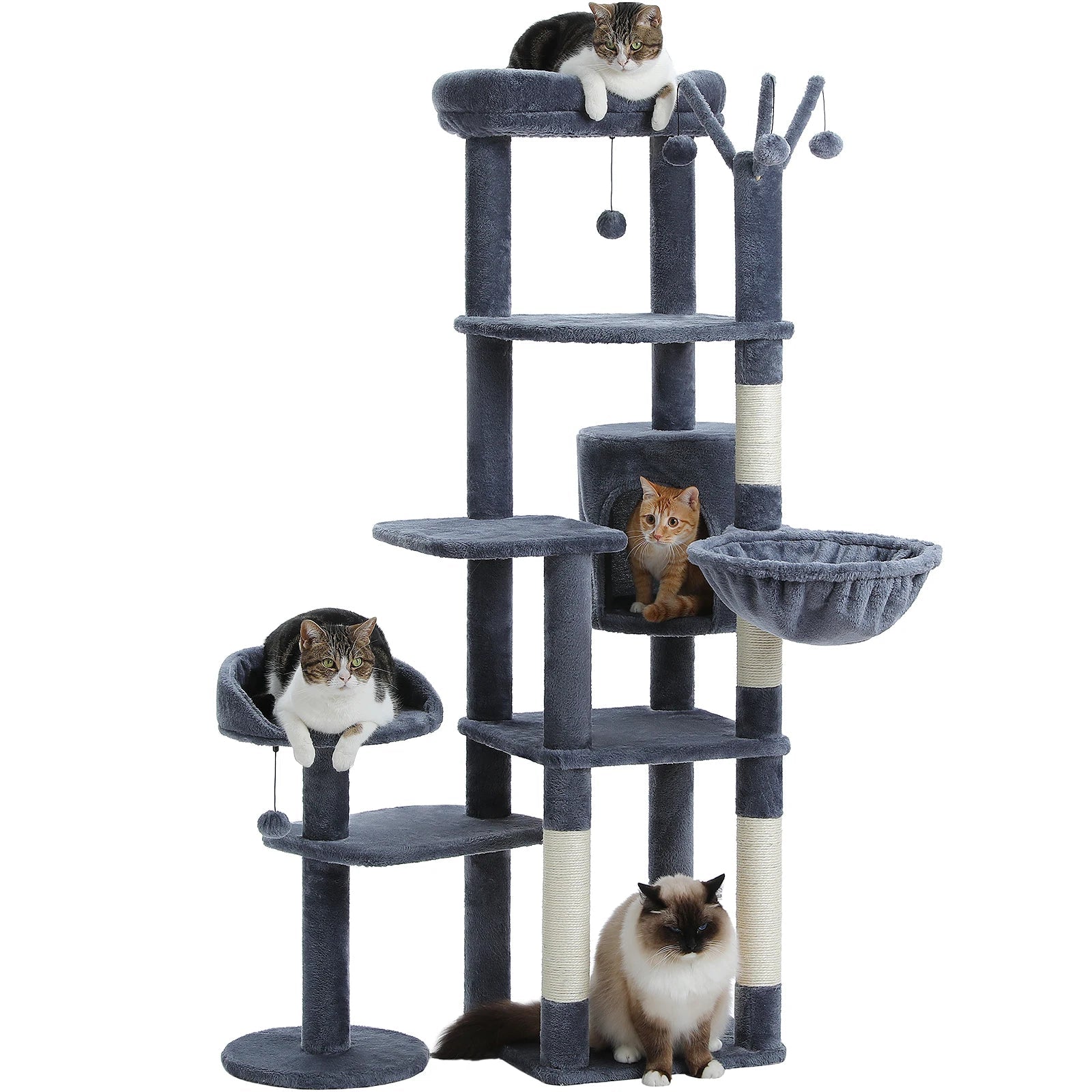 Arbre à chat à plusieurs niveaux avec poteau à griffer, hamac, grands perchoirs, balles suspendues, grande tour pour chat d'intérieur, spacieux condo pour chat HappyTailShop