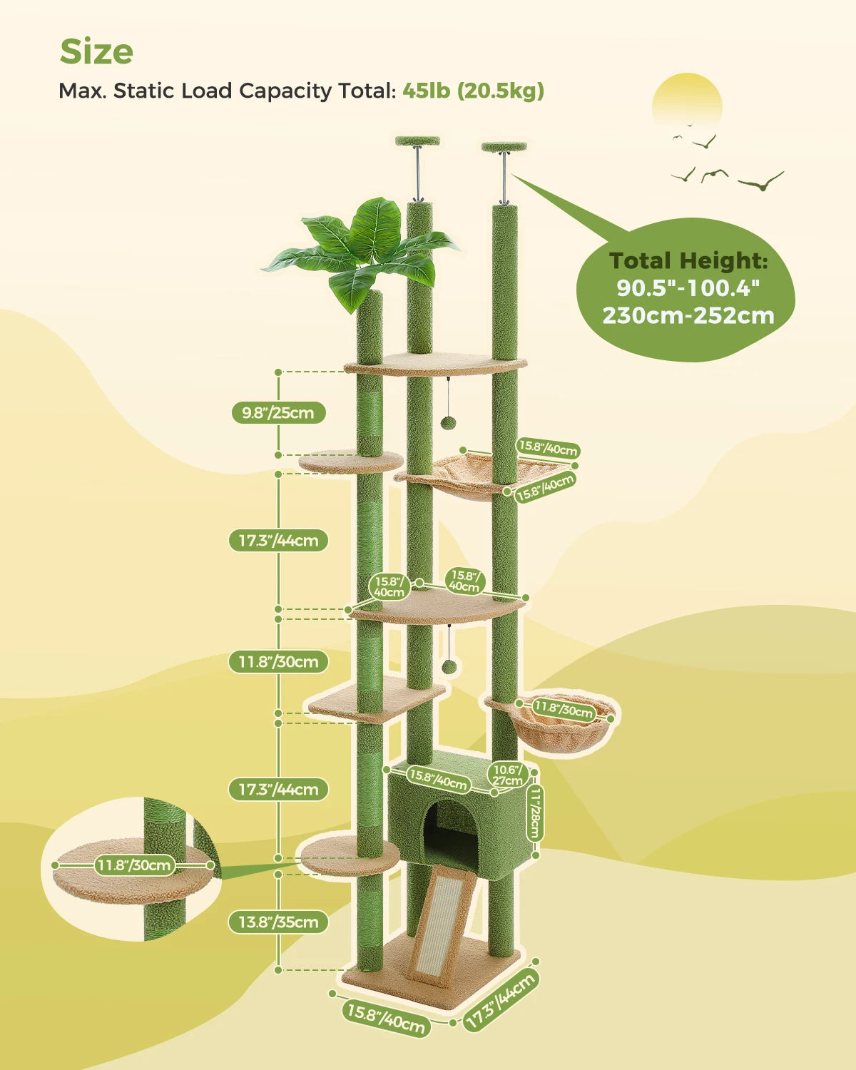 Arbre à chat Cactus du sol au plafond, tour à chat réglable en hauteur avec Hamac confortable pour condote de chat et arbre à gratter, grand arbre d'activité HappyTailShop