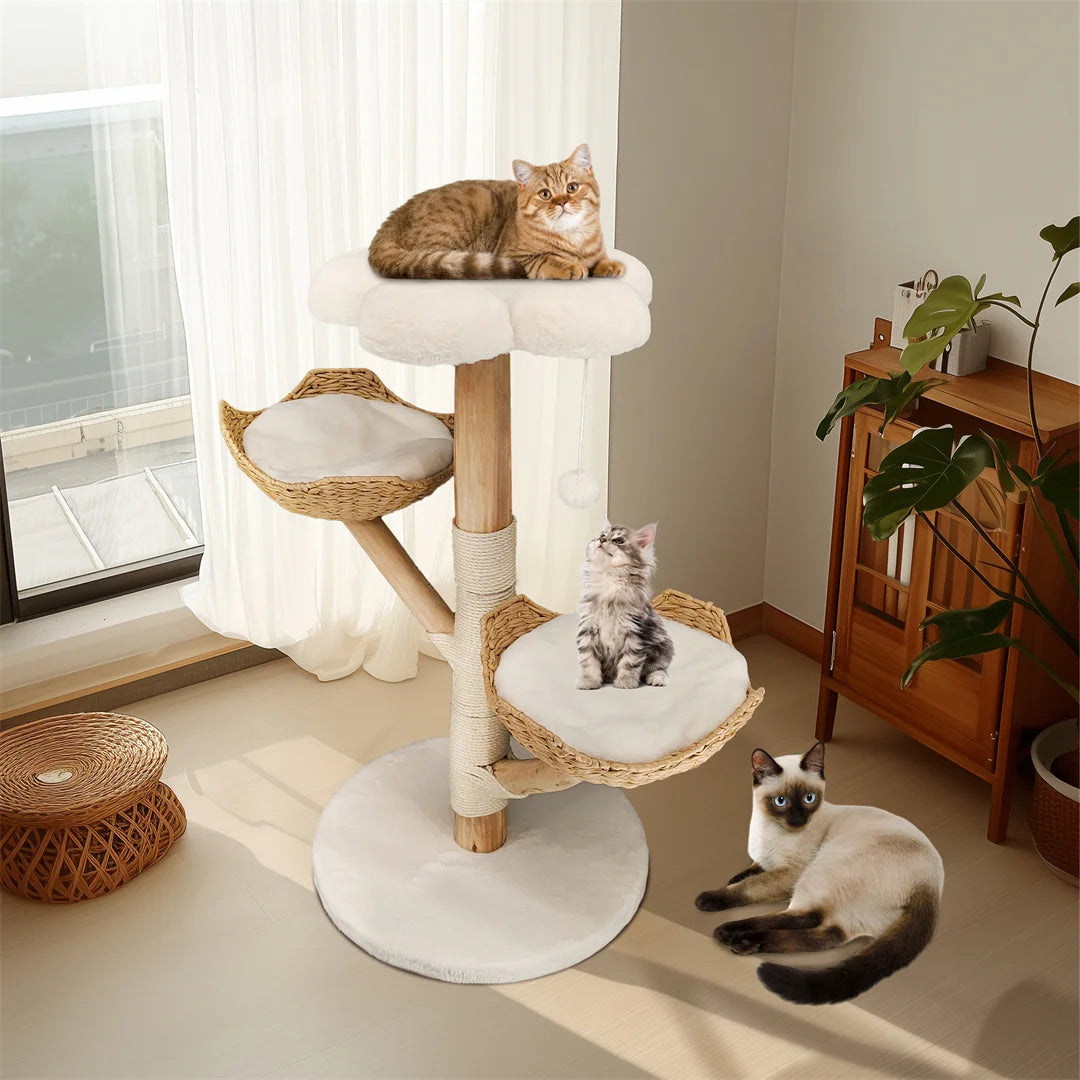 Meuble moderne en bois massif pour chat, arbre d'escalade, centre d'activités avec griffoir pour chaton, 110cm HappyTailShop