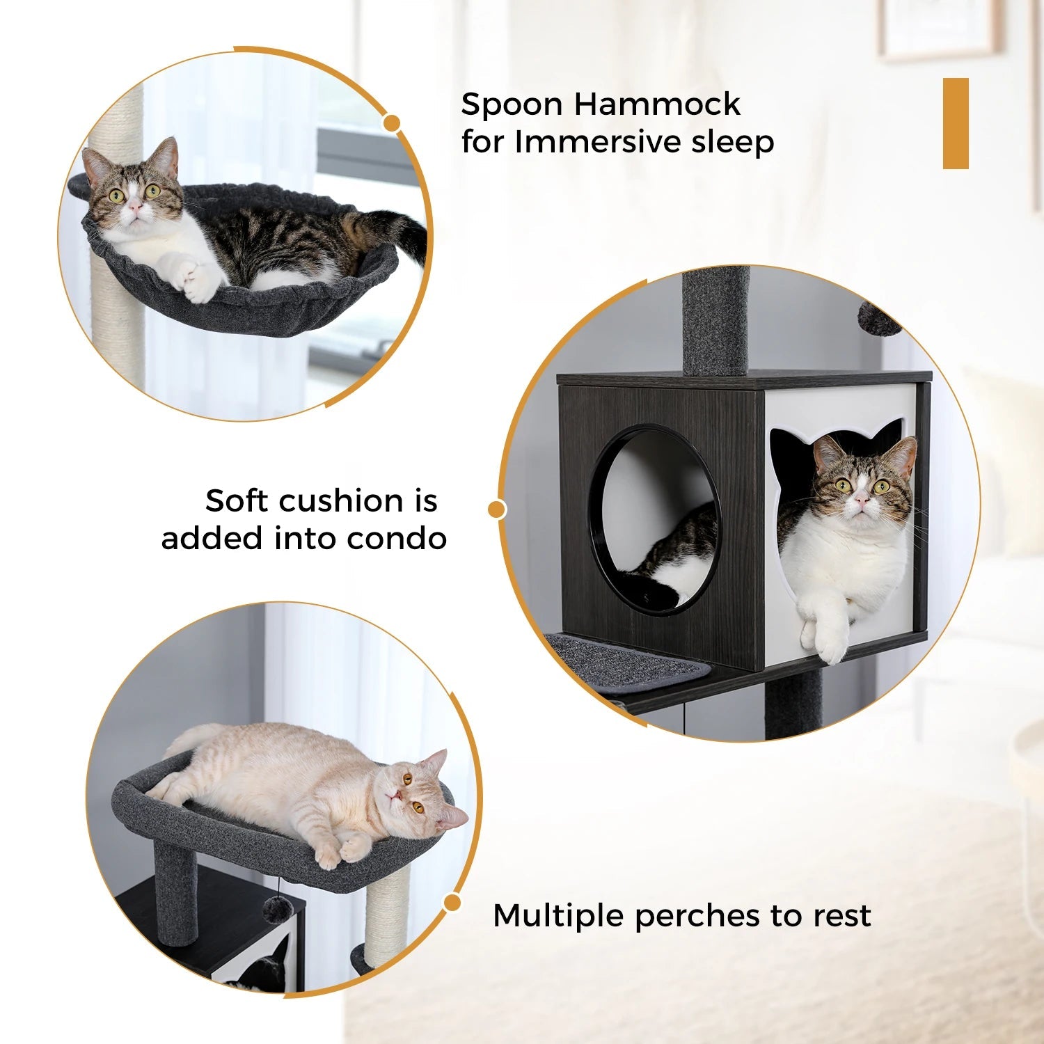 Arbre à chats multi-niveaux pour chats d'intérieur, tour à chat en bois avec griffoirs, grand espace de vie, hamac confortable, grand perchoir supérieur, griffoire pour chat, jouets pour chats, accessoires chat HappyTailShop