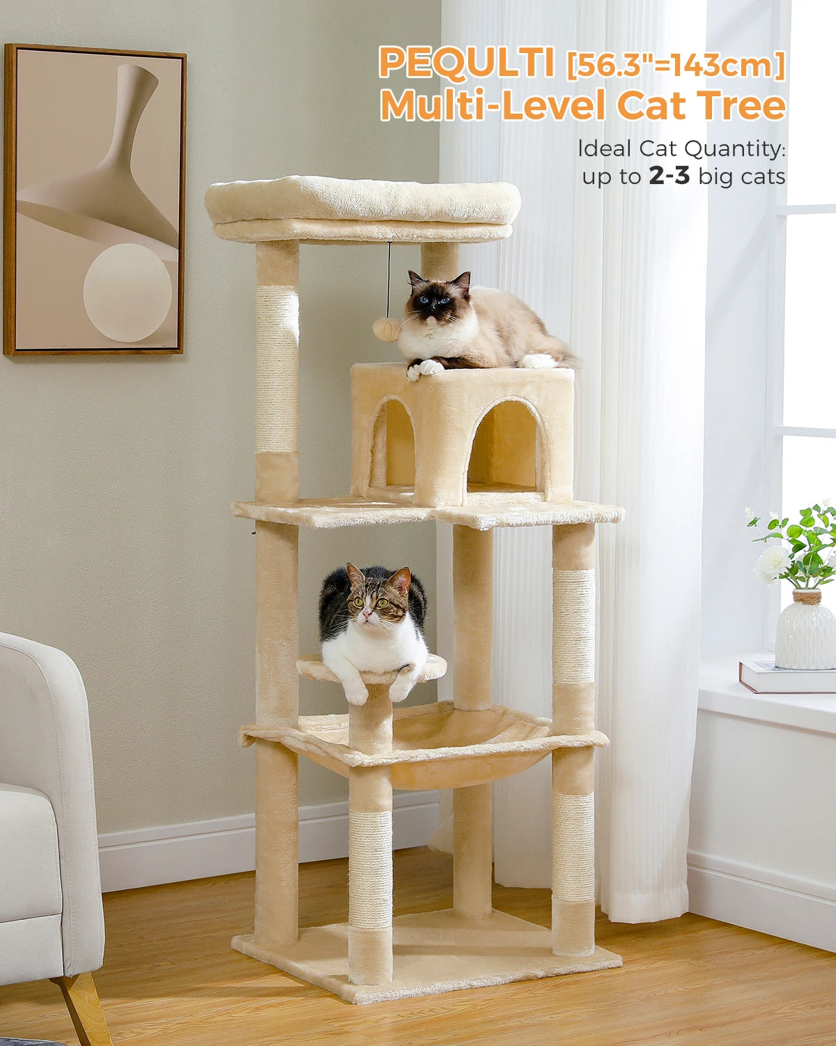 Arbre à chat pour chats d'intérieur, tour à chat à 5 niveaux pour grands chats avec grand hamac, poteaux à gratter couverts en Sisal, perche supérieure confortable pour Condo HappyTailShop