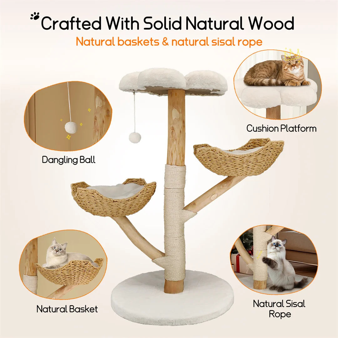Meuble moderne en bois massif pour chat, arbre d'escalade, centre d'activités avec griffoir pour chaton, 110cm HappyTailShop