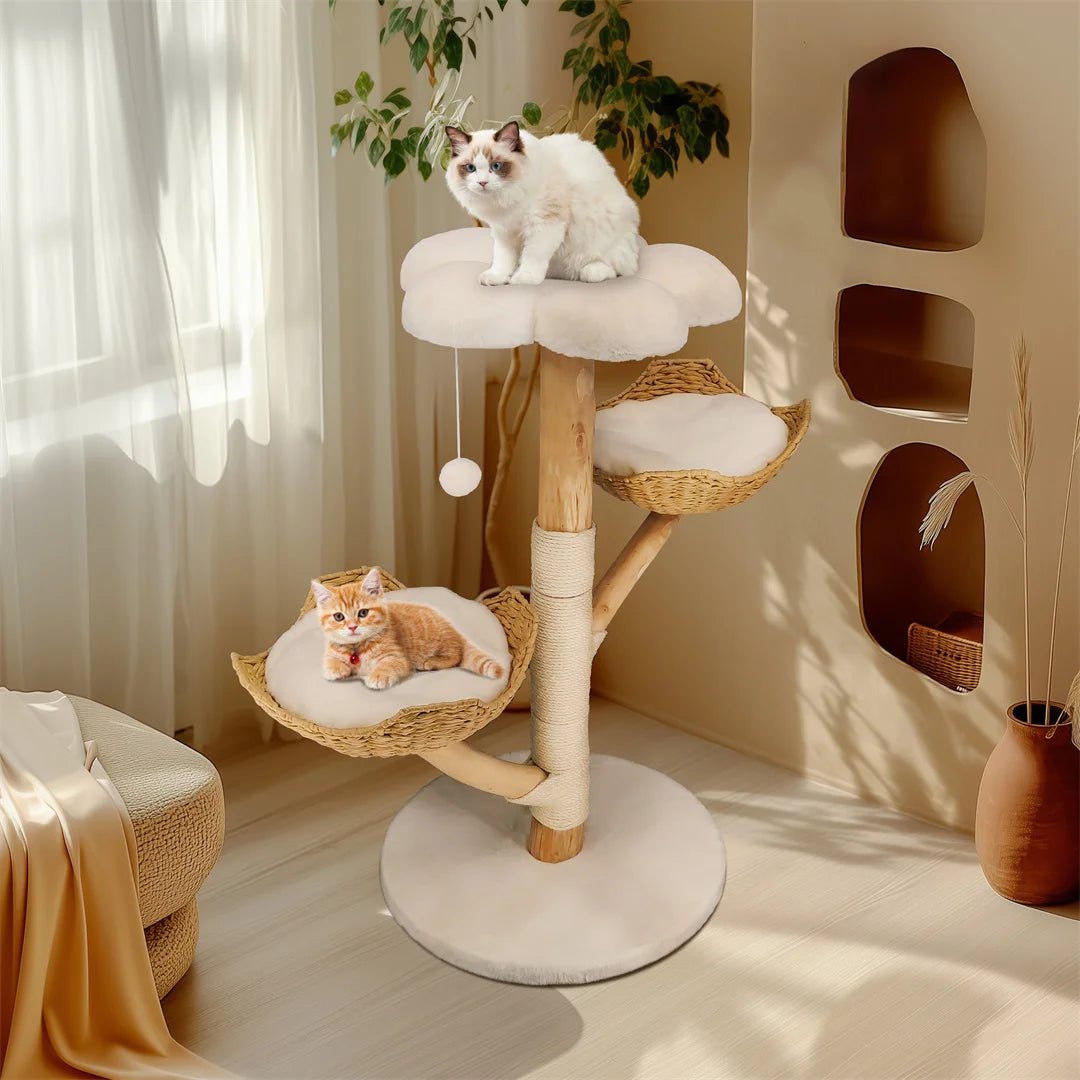 Meuble moderne en bois massif pour chat, arbre d'escalade, centre d'activités avec griffoir pour chaton, 110cm HappyTailShop