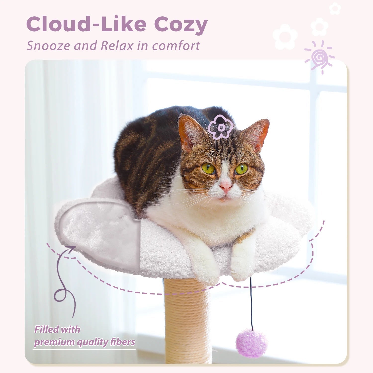 Arbre à chat en forme de fleur pour les chats d'intérieur, petite tour pour chat avec poteau à griffer en sisal, condo doux, perchoirs en peluche, balles moelleuses, jouets pour chat HappyTailShop