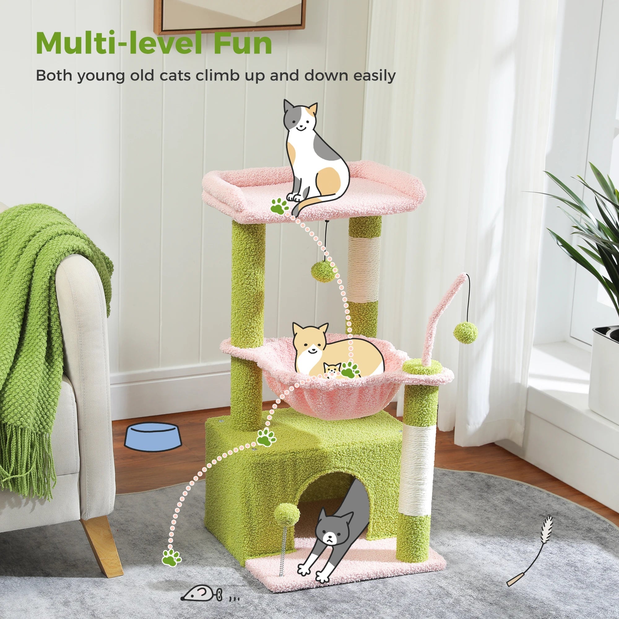 Tour de petit arbre à chat avec grand condo, arbre à chat quantique pour intérieur, griffoir, hamac profond, perchoir confortable, jouets pour chat, 4 en 1 HappyTailShop