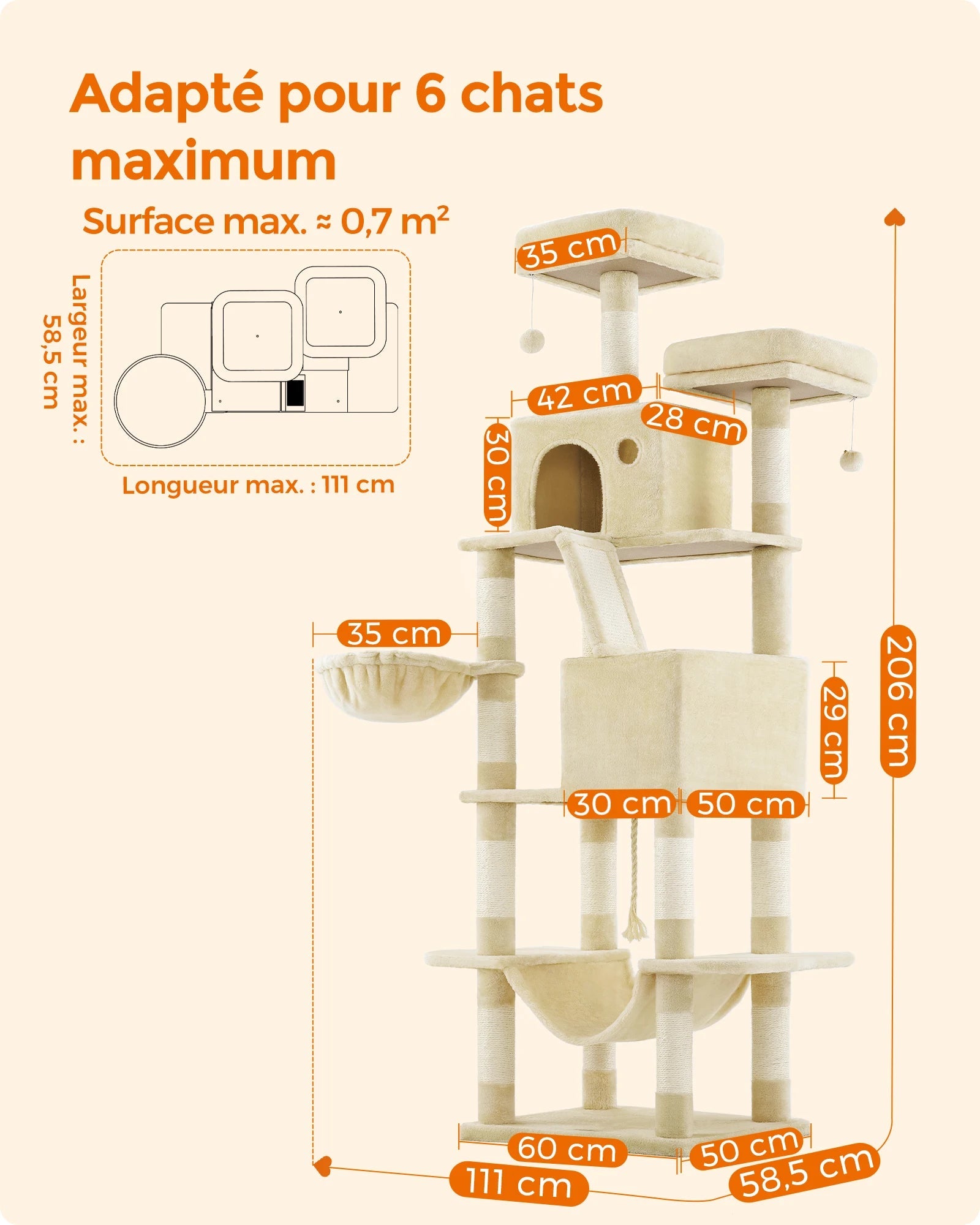 Feandrea Arbre à Chat, Hauteur 206 cm, avec 13 Griffoirs, 2 Plate-Forme, 2 Niches, Panier, Hamac, Pompon, Tissu Peluche, Multi-Niveaux pour Chat d'Intérieur HappyTailShop