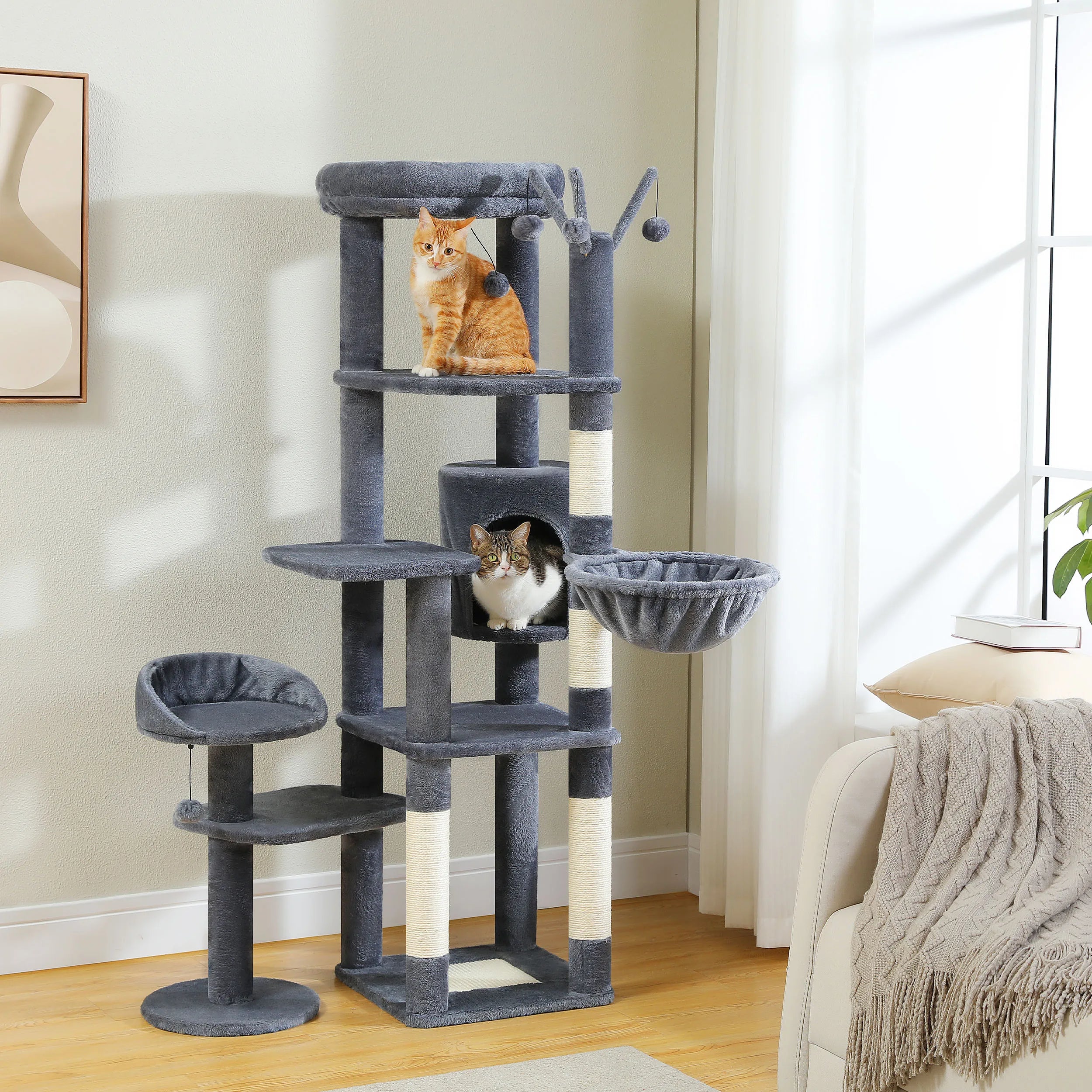 Arbre à chat à plusieurs niveaux avec poteau à griffer, hamac, grands perchoirs, balles suspendues, grande tour pour chat d'intérieur, spacieux condo pour chat HappyTailShop