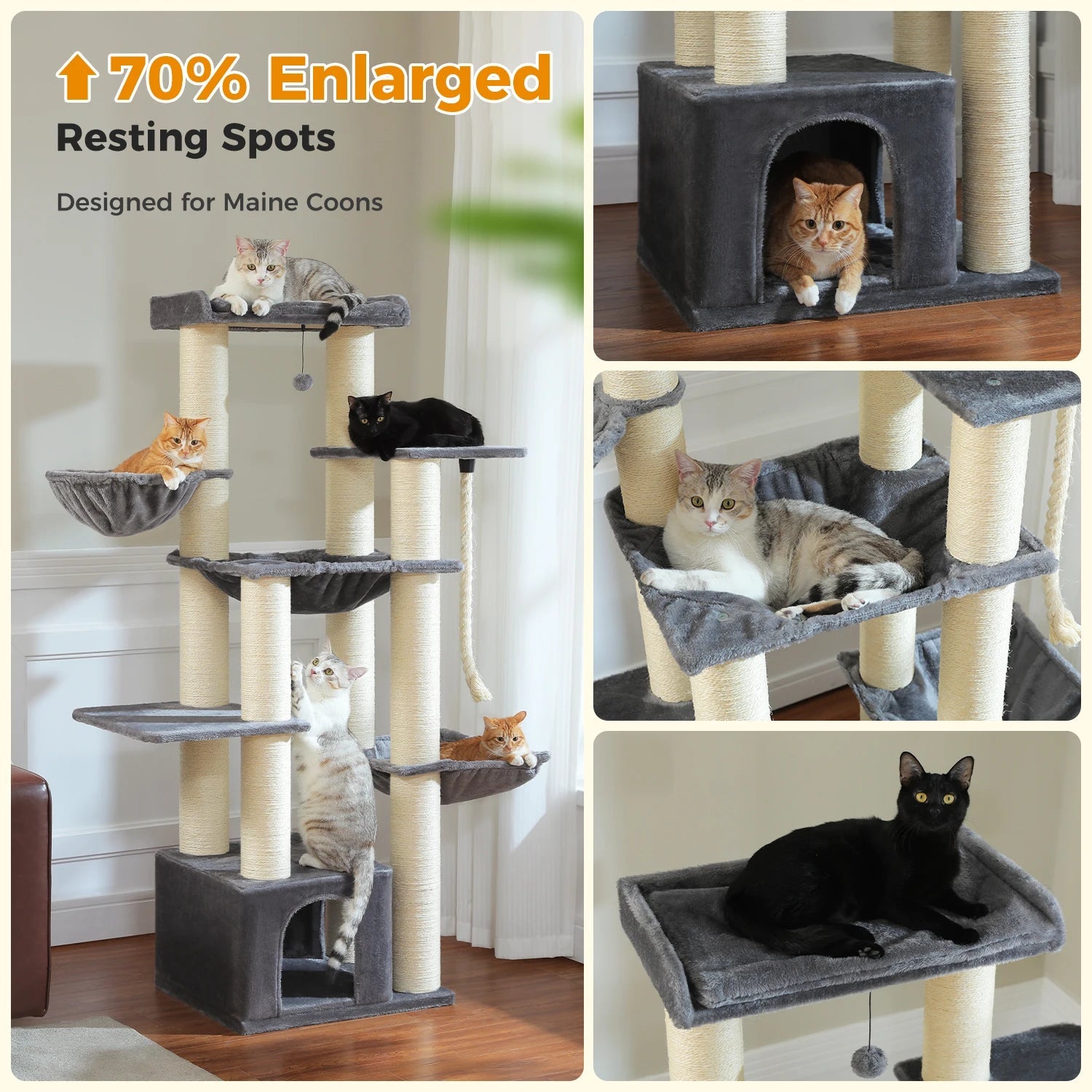 Gros arbre à chat pour chats de grande taille tour à chat robuste avec plusieurs niveaux maison à chat arbre d'escalade avec hamac 11 poteaux en Sisal grand perche HappyTailShop