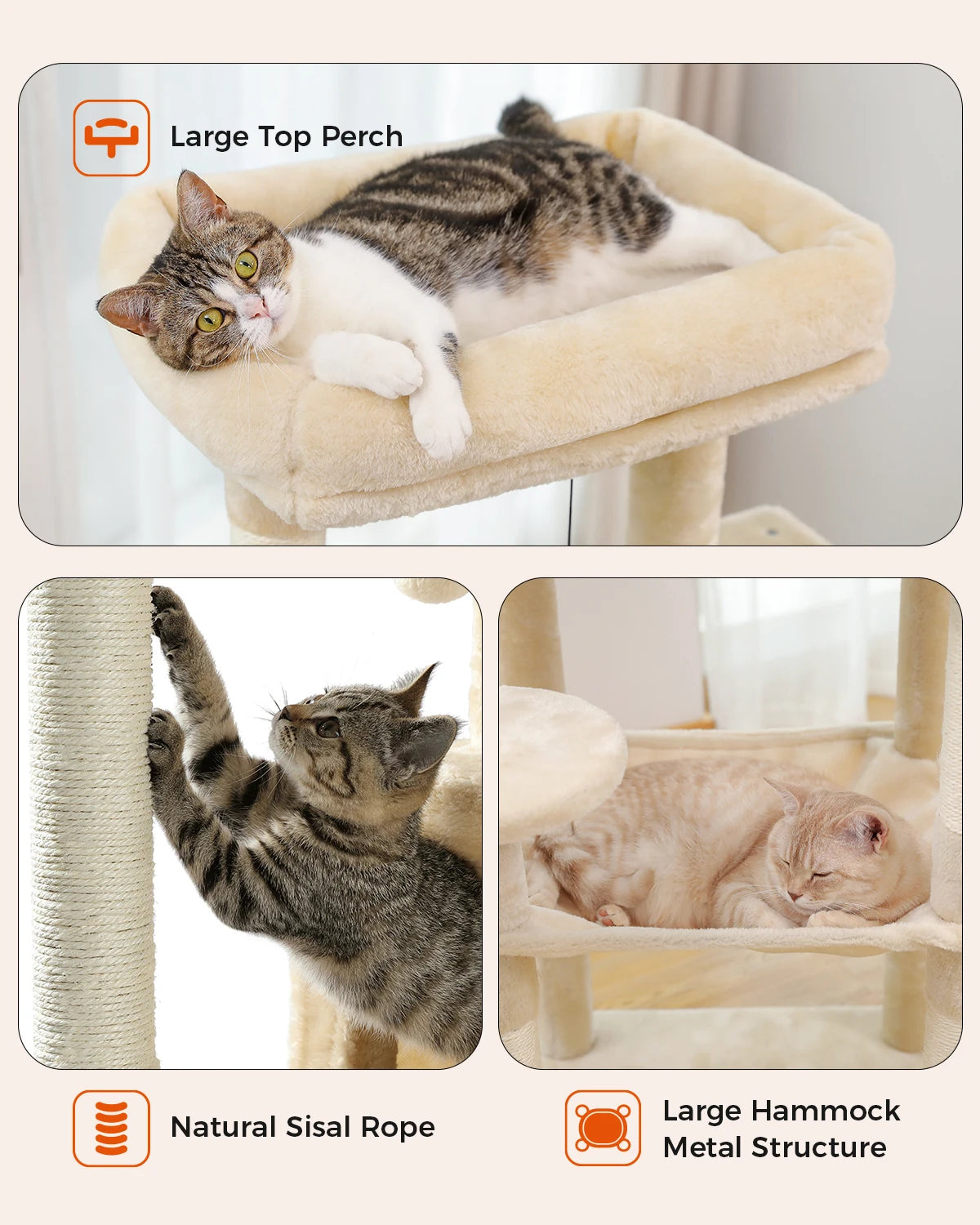Arbre à chat pour chats d'intérieur, tour à chat à 5 niveaux pour grands chats avec grand hamac, poteaux à gratter couverts en Sisal, perche supérieure confortable pour Condo HappyTailShop