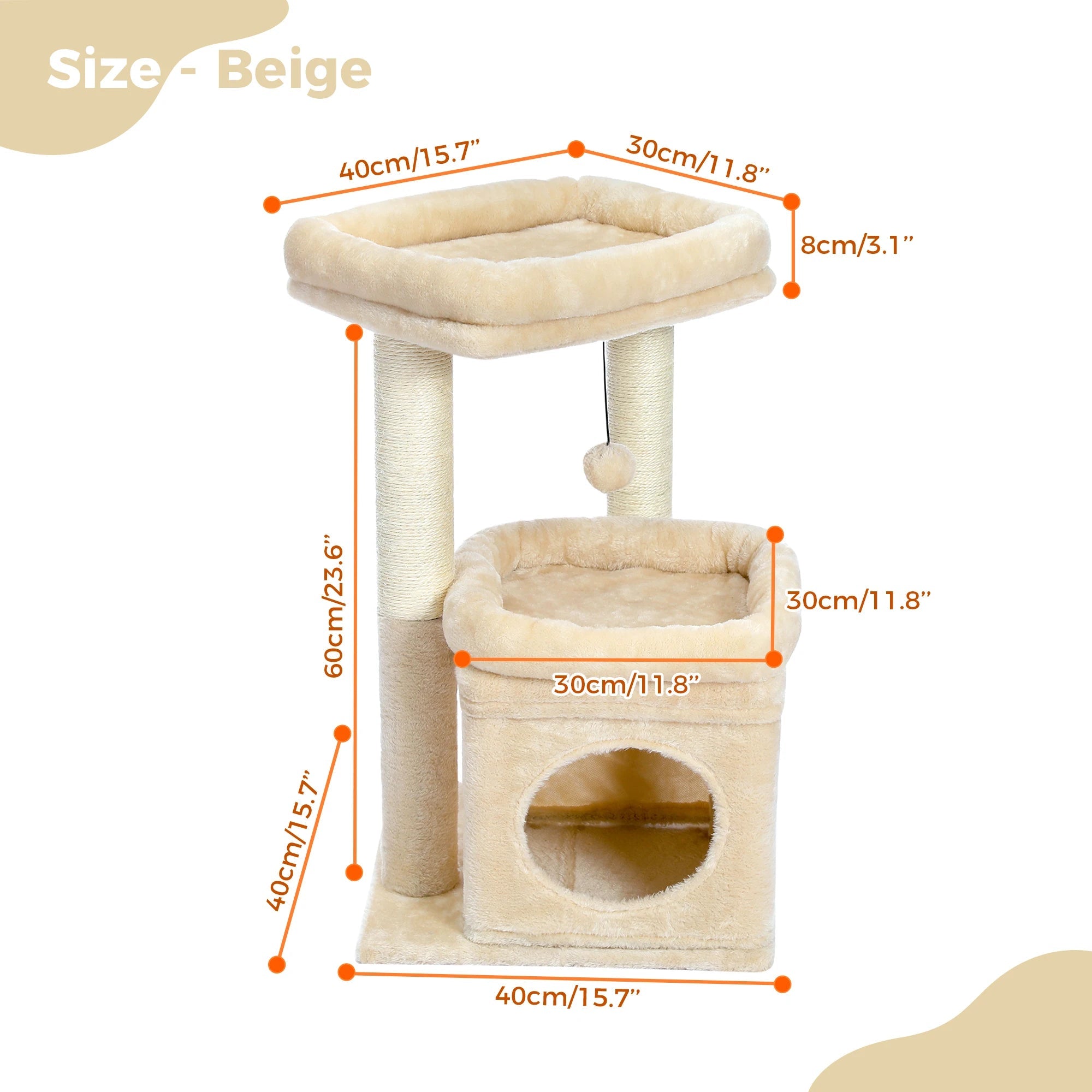 Arbre à chat tour pour chat avec condo confortable, perche large, poteaux en sisal naturel, peluche douce, pom-pom ludique adapté aux 1 à 2 chats d'intérieur HappyTailShop