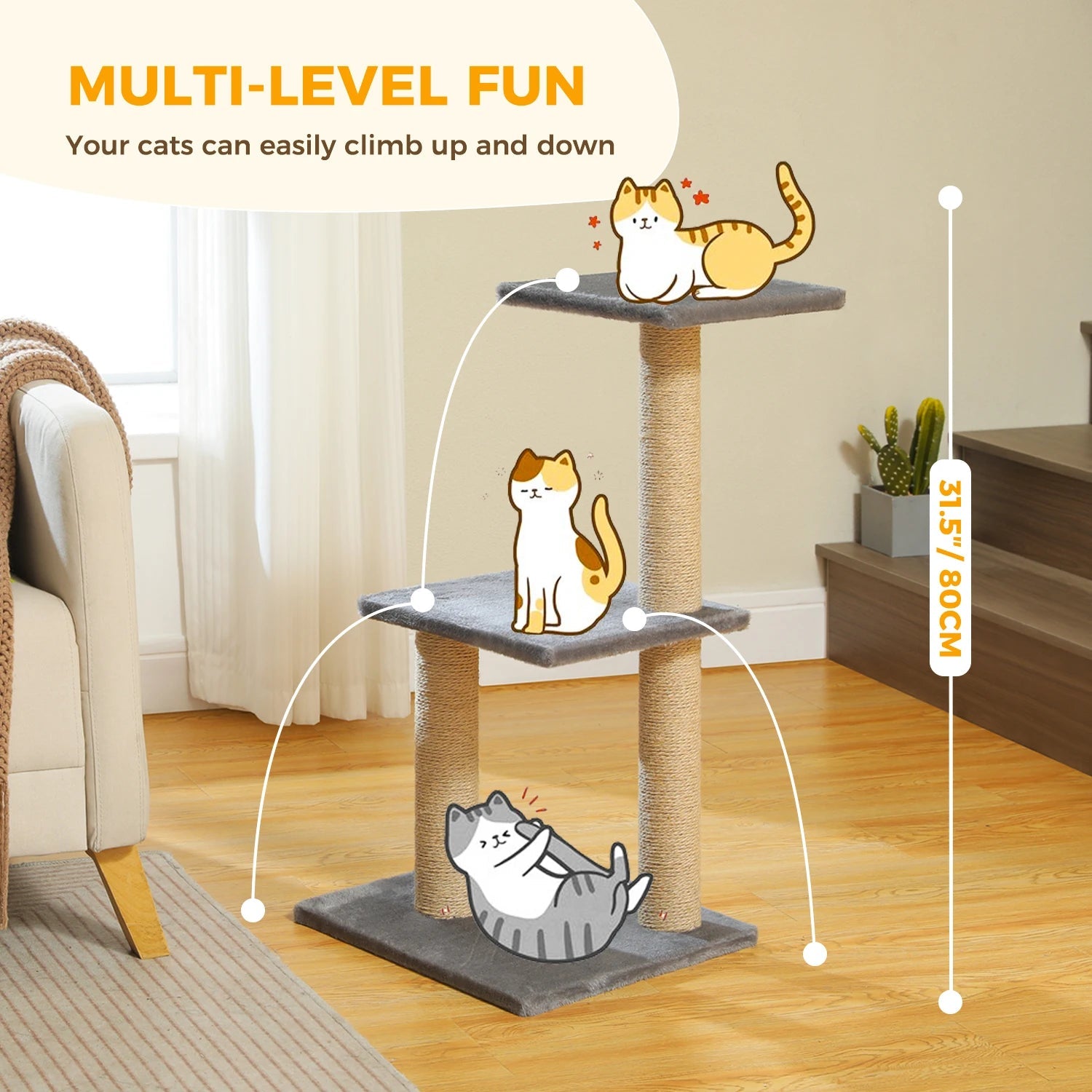 Arbre à chat multi-niveaux de 80 cm avec 3 grilles à gratter et base d'arbre à chat stable adaptée à 1-2 chats d'intérieur, gris, marron HappyTailShop