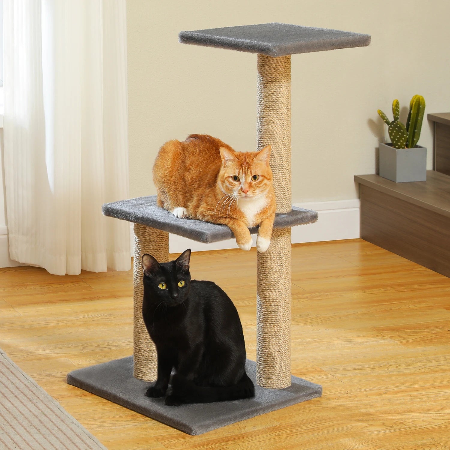 Arbre à chat multi-niveaux de 80 cm avec 3 grilles à gratter et base d'arbre à chat stable adaptée à 1-2 chats d'intérieur, gris, marron HappyTailShop