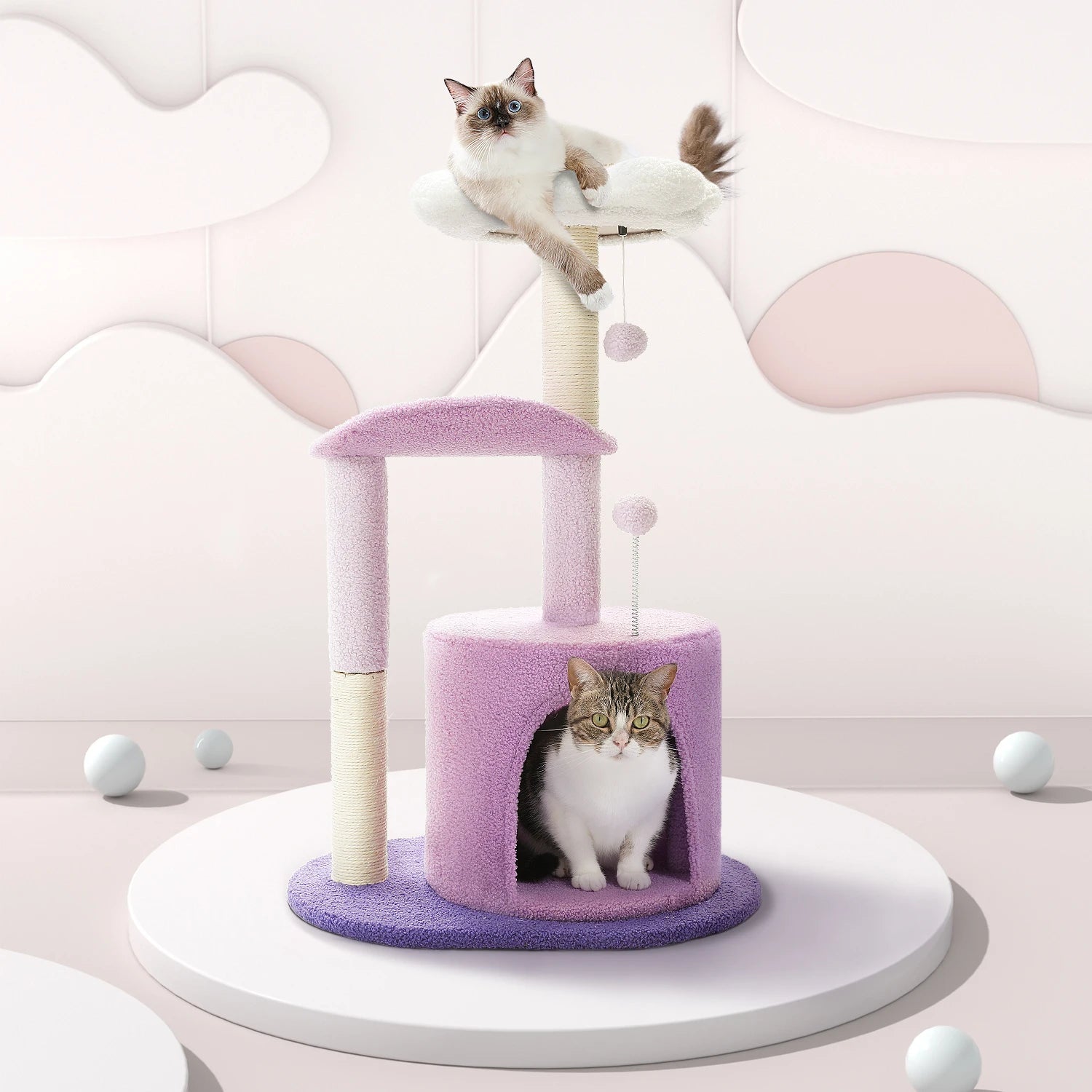 Arbre à chat en forme de fleur pour les chats d'intérieur, petite tour pour chat avec poteau à griffer en sisal, condo doux, perchoirs en peluche, balles moelleuses, jouets pour chat HappyTailShop