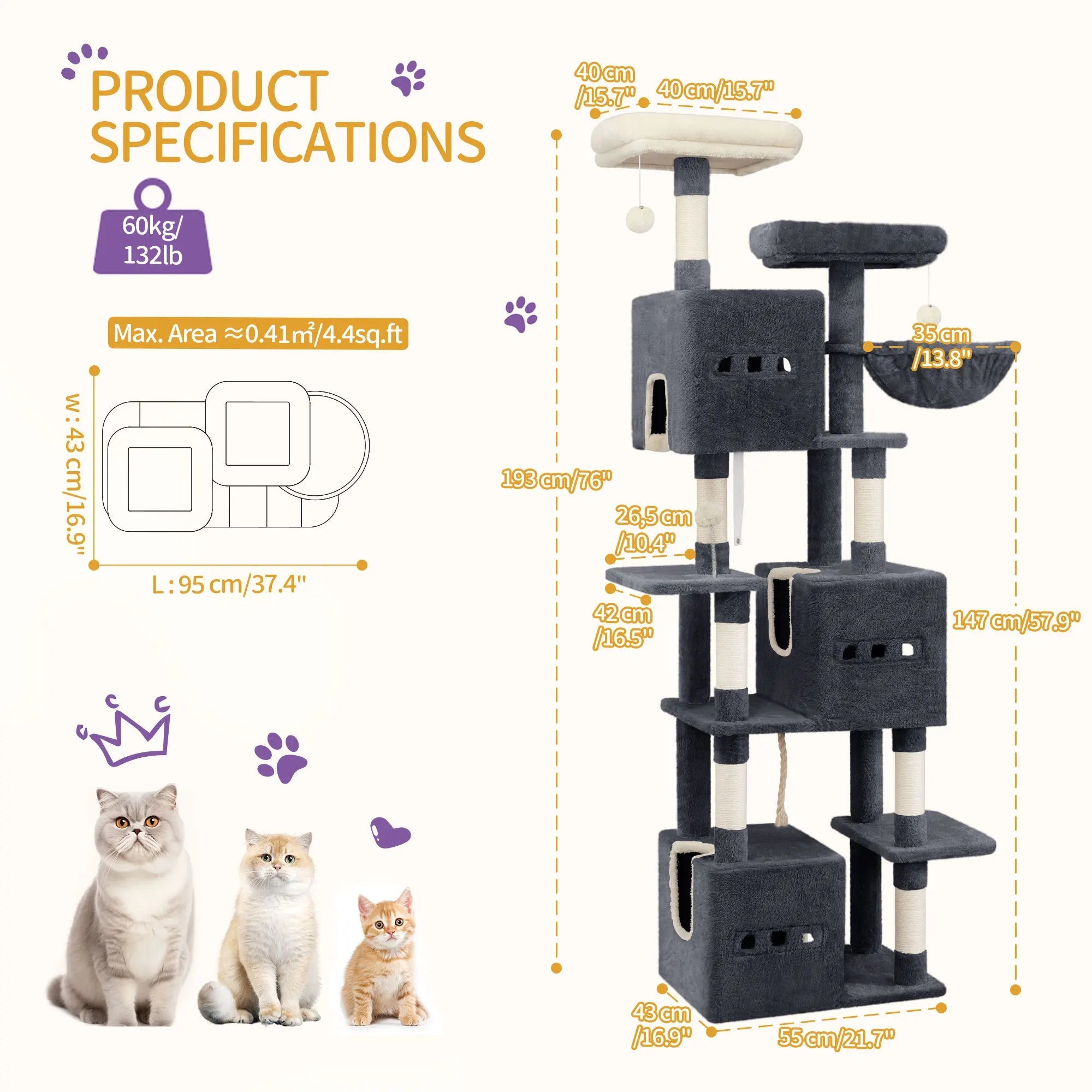Hzuaneri Arbre à chat 193 cm, grande tour à chat pour chats d'intérieur, meubles de maison pour chats avec 2 plates-formes, 3 condonnes, 7 poteaux à gratter HappyTailShop