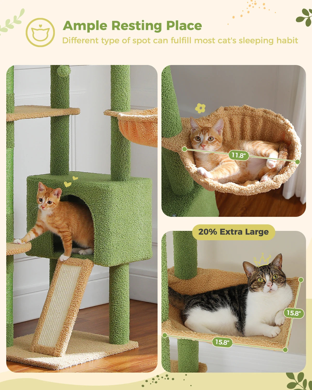 Arbre à chat Cactus du sol au plafond, tour à chat réglable en hauteur avec Hamac confortable pour condote de chat et arbre à gratter, grand arbre d'activité HappyTailShop