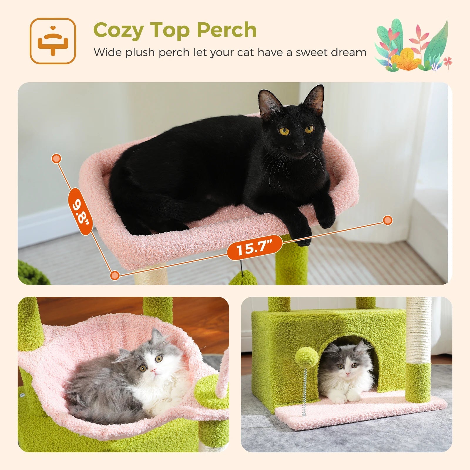 Tour de petit arbre à chat avec grand condo, arbre à chat quantique pour intérieur, griffoir, hamac profond, perchoir confortable, jouets pour chat, 4 en 1 HappyTailShop