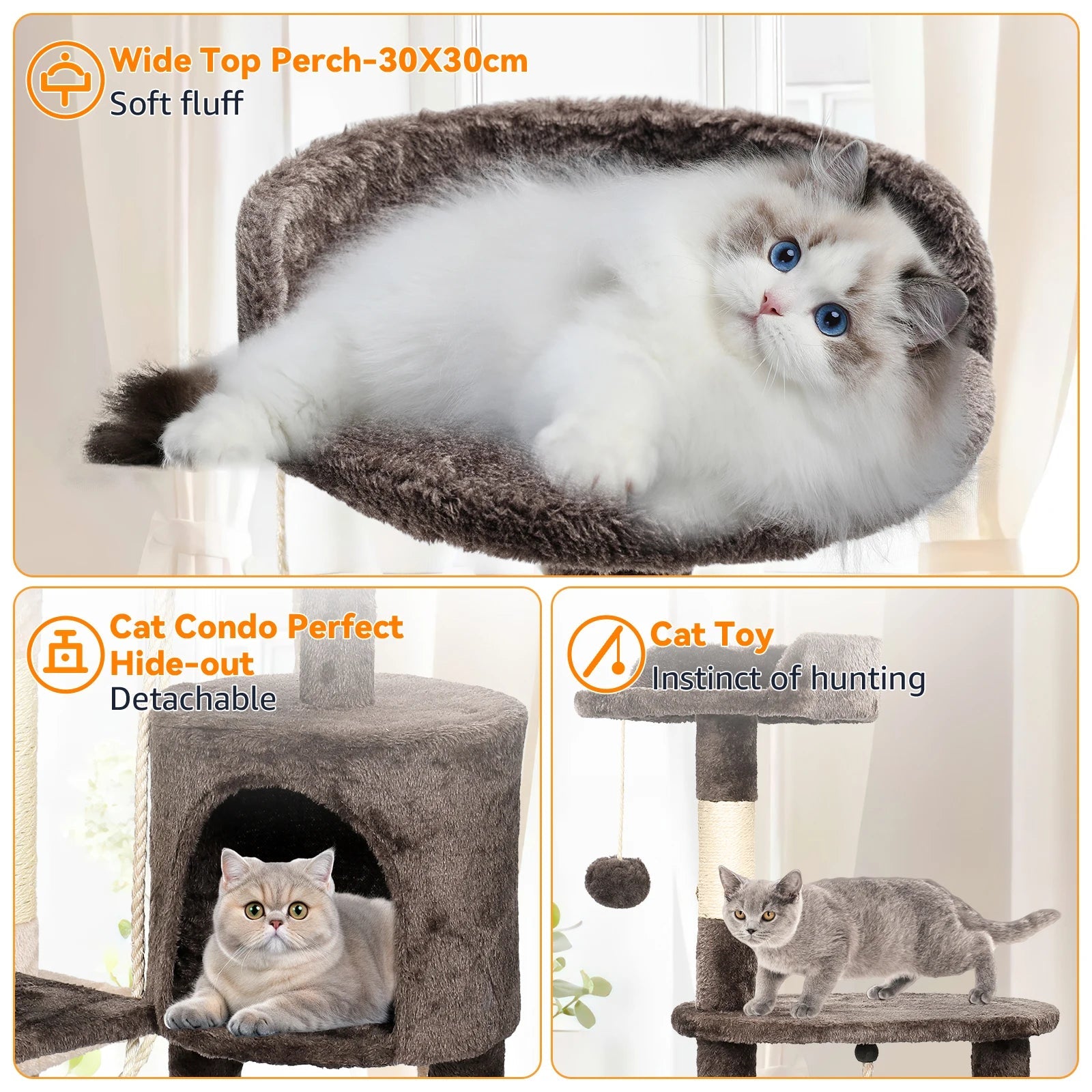 Cadre d'escalade pour chats d'intérieur, arbres à chat, multi-niveaux avec postes à gratter, tour à chat, perchoirs supérieurs rembourrés et condo HappyTailShop