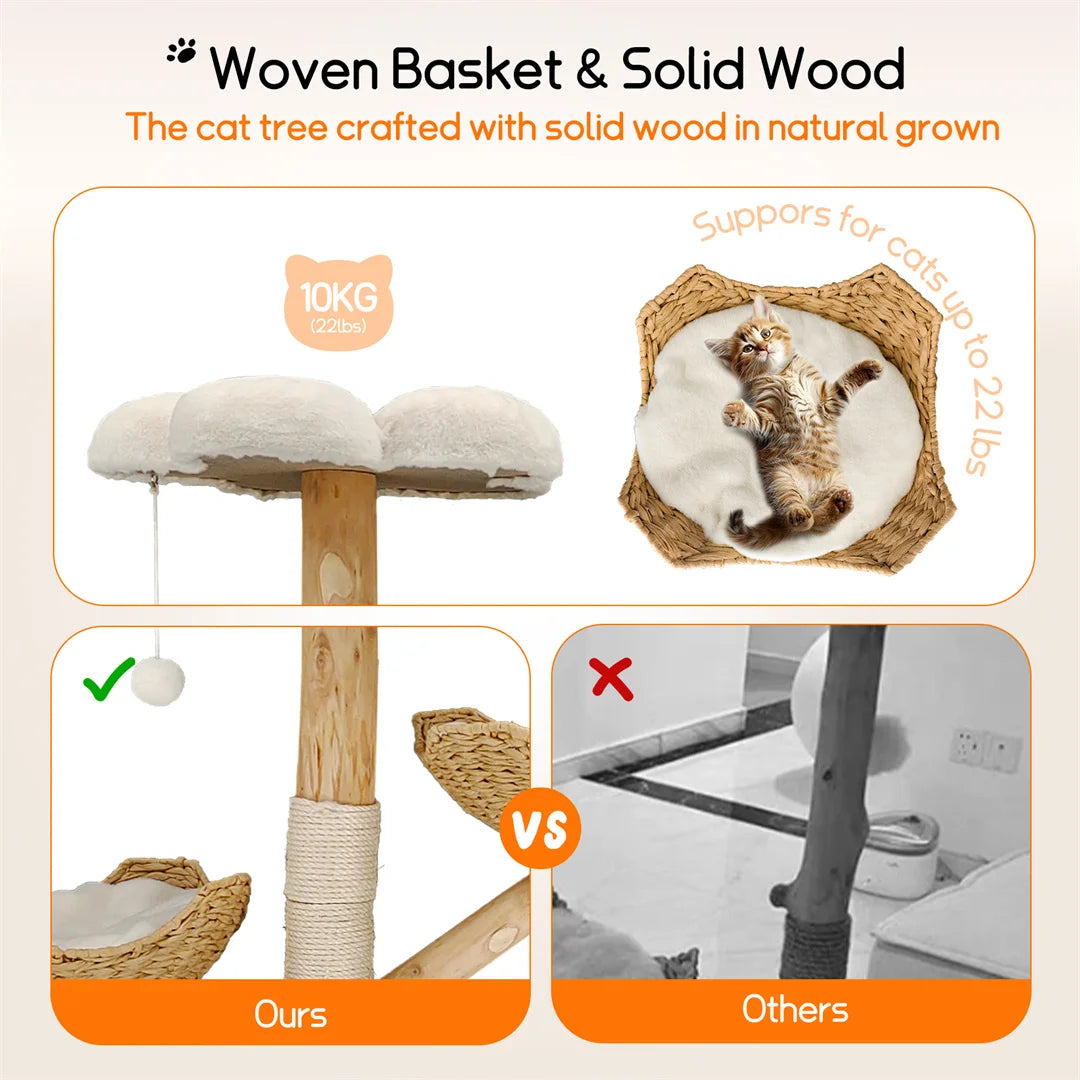 Meuble moderne en bois massif pour chat, arbre d'escalade, centre d'activités avec griffoir pour chaton, 110cm HappyTailShop