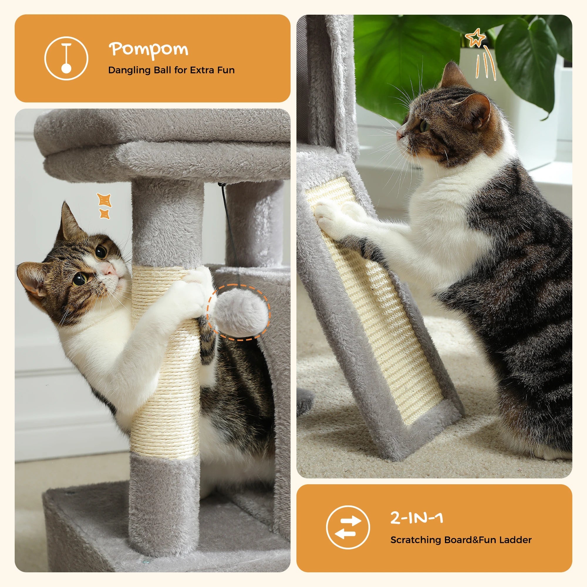 Grand arbre à chats d'intérieur avec plusieurs niveaux, poteau à griffer en sisal, deux condos spacieux, tapis à griffer pour chat et jouets pour chat, chat accessoires pour chats HappyTailShop