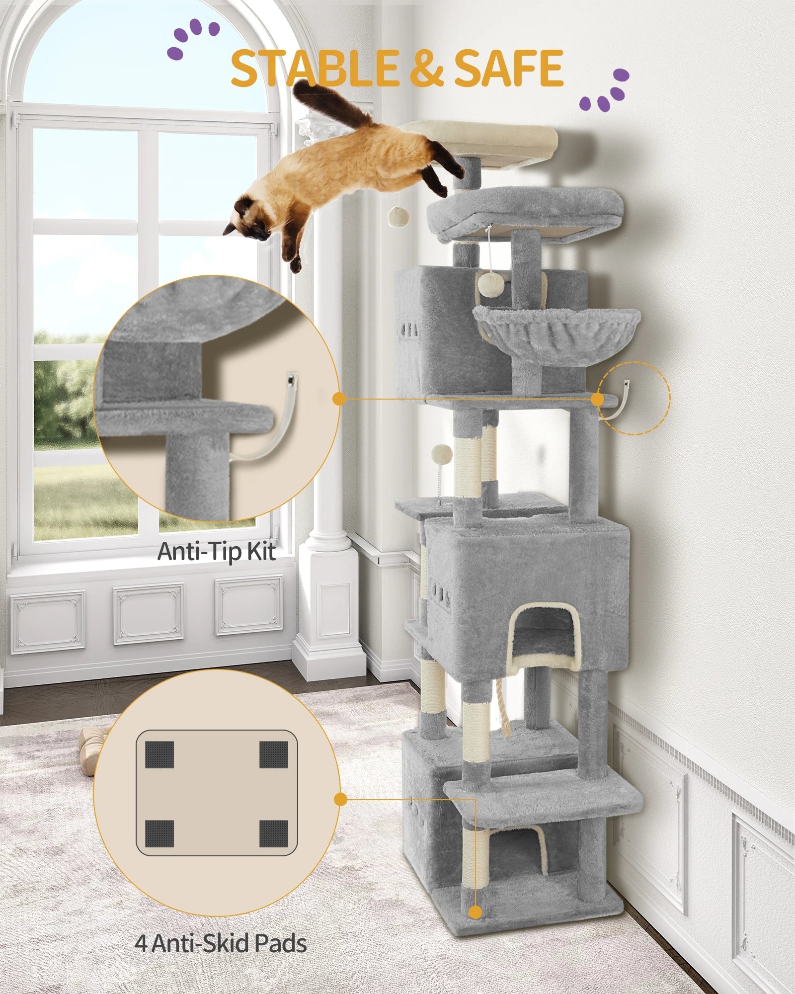 Hzuaneri Arbre à chat 193 cm, grande tour à chat pour chats d'intérieur, meubles de maison pour chats avec 2 plates-formes, 3 condonnes, 7 poteaux à gratter HappyTailShop