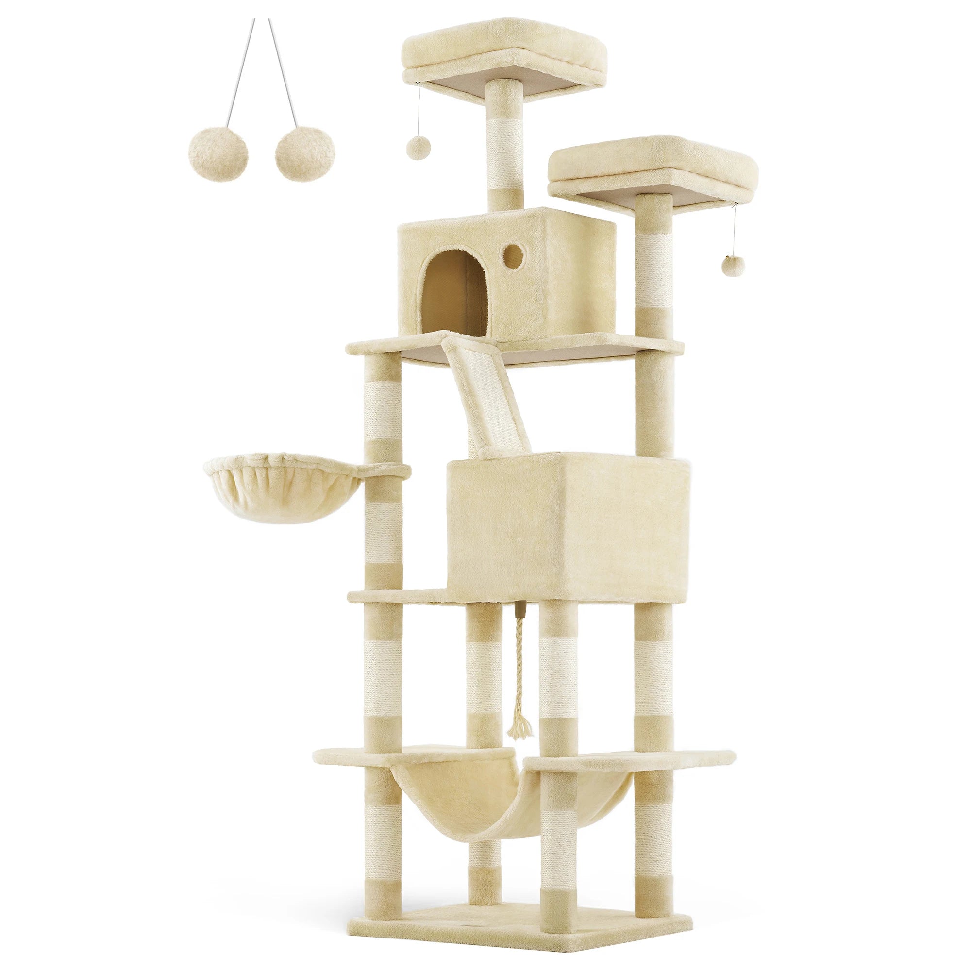 Feandrea Arbre à Chat, Hauteur 206 cm, avec 13 Griffoirs, 2 Plate-Forme, 2 Niches, Panier, Hamac, Pompon, Tissu Peluche, Multi-Niveaux pour Chat d'Intérieur HappyTailShop