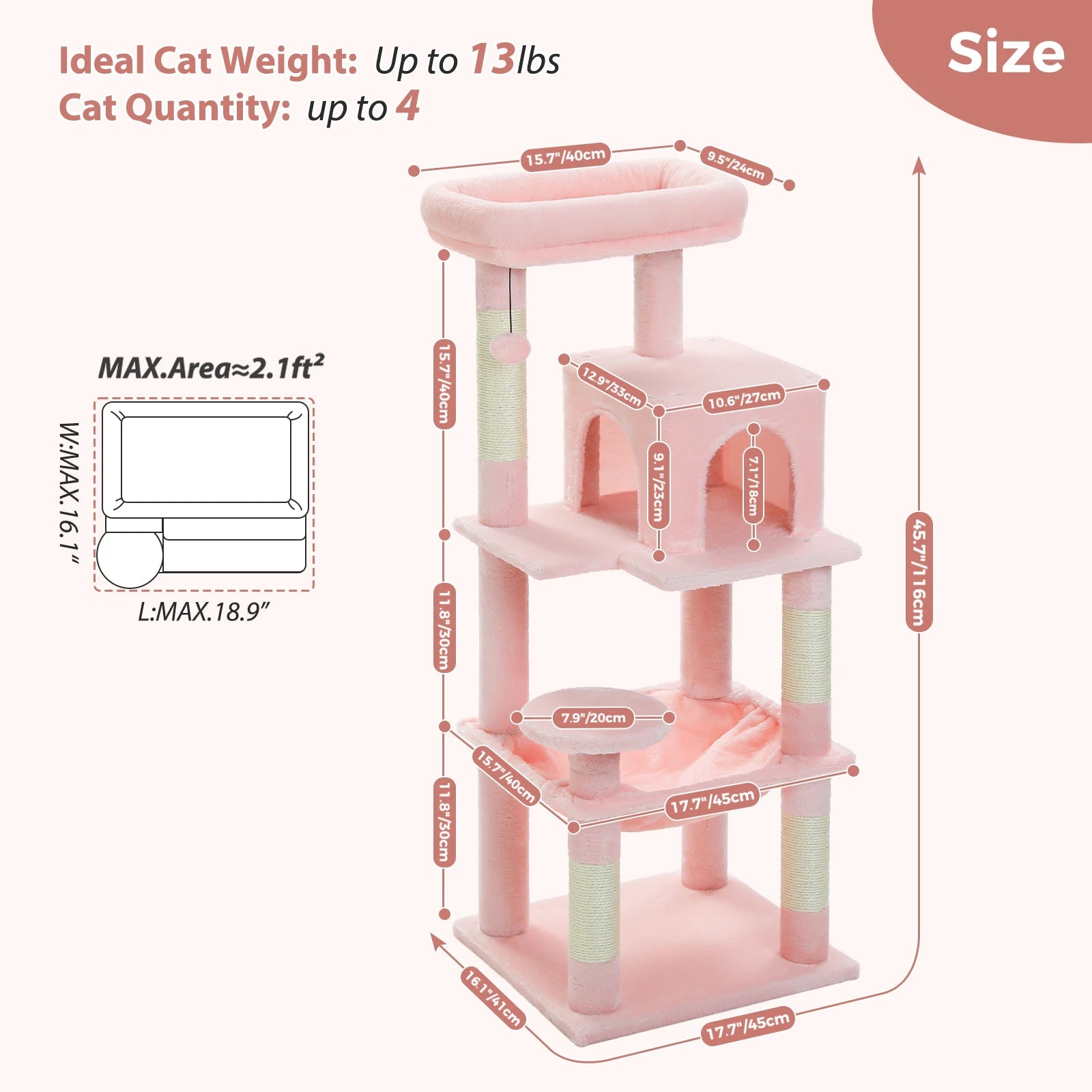 Arbre à chat pour chats d'intérieur, tour à chat à 5 niveaux pour grands chats avec cadre en métal, grand hamac pour chat condo avec grand perche supérieure HappyTailShop