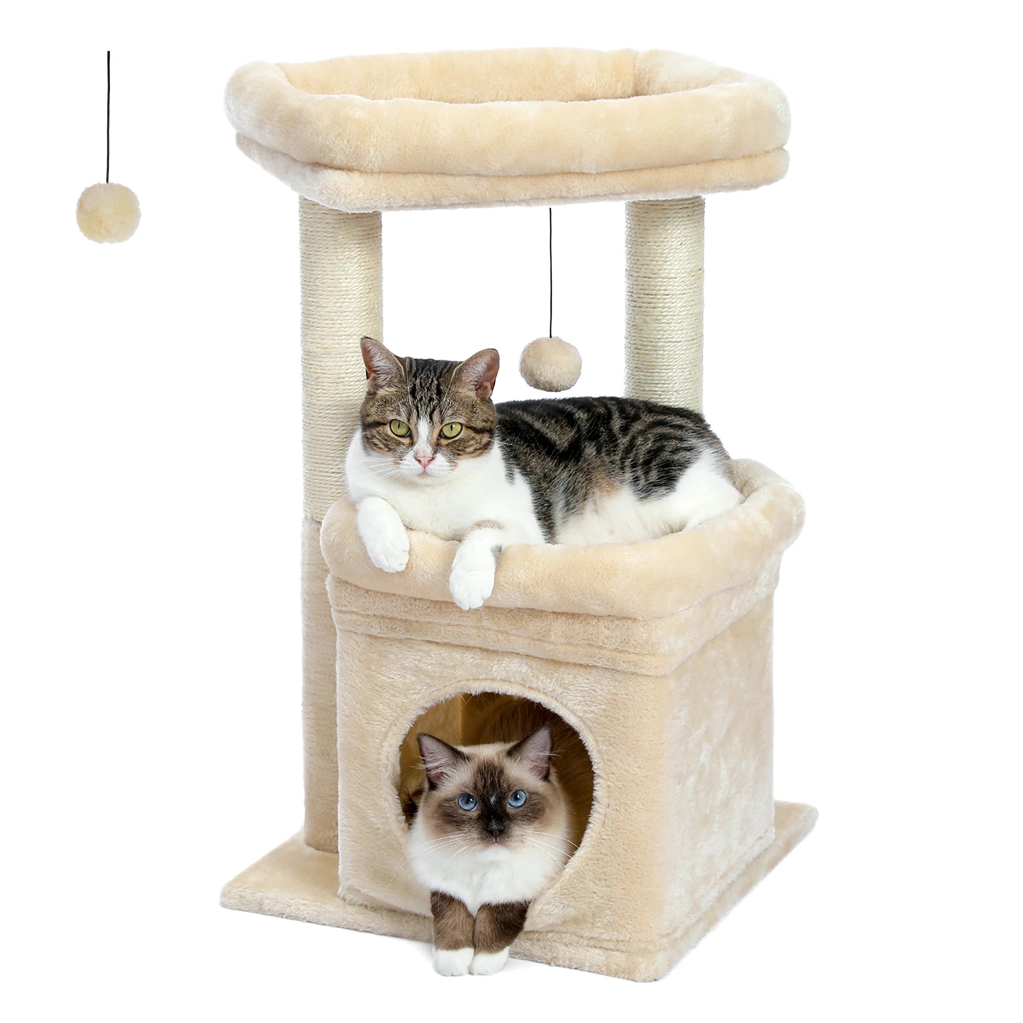 Arbre à chat tour pour chat avec condo confortable, perche large, poteaux en sisal naturel, peluche douce, pom-pom ludique adapté aux 1 à 2 chats d'intérieur HappyTailShop